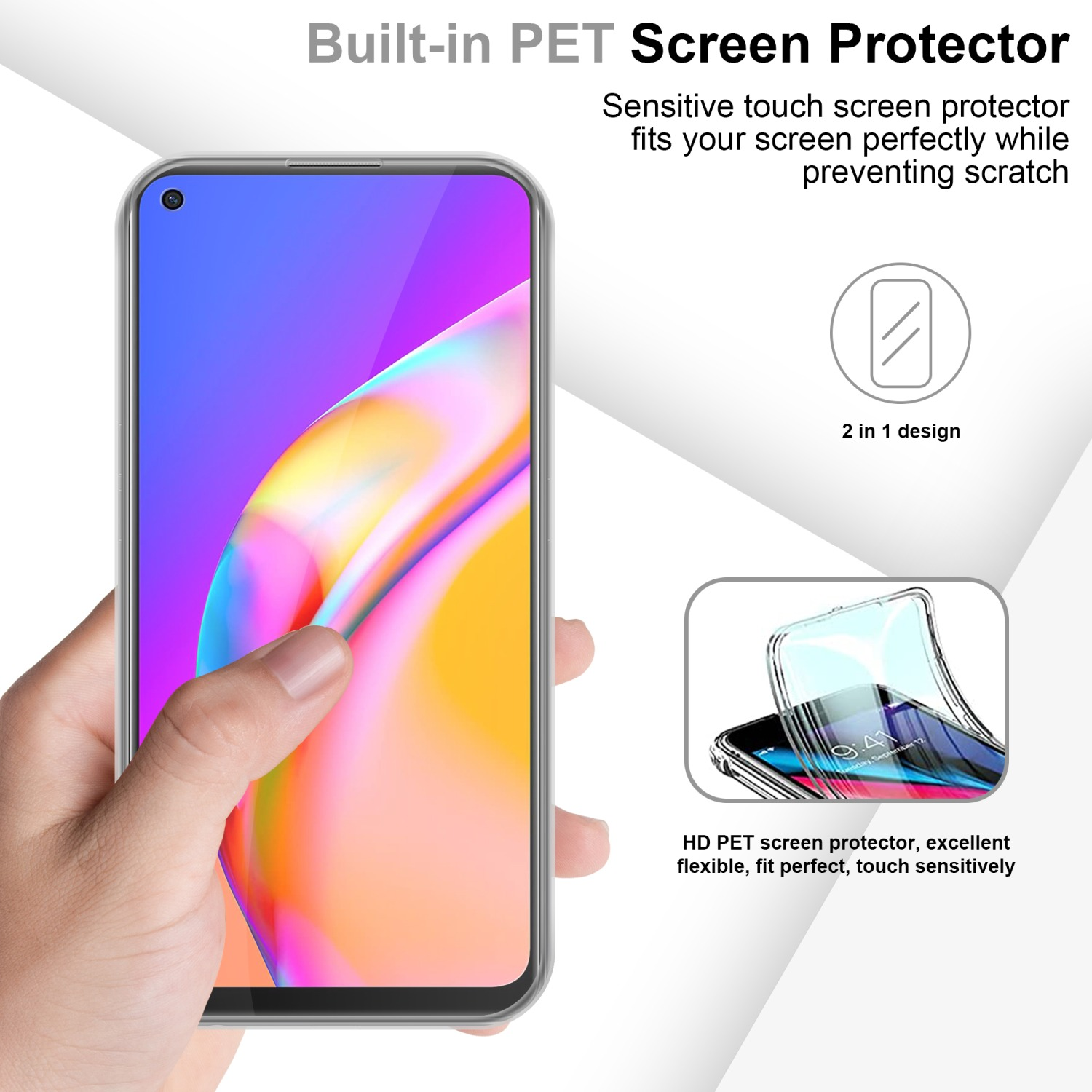 Mano che tiene il telefono con protezione schermo. Testo: Design 2 in 1 e schermo HD PET.