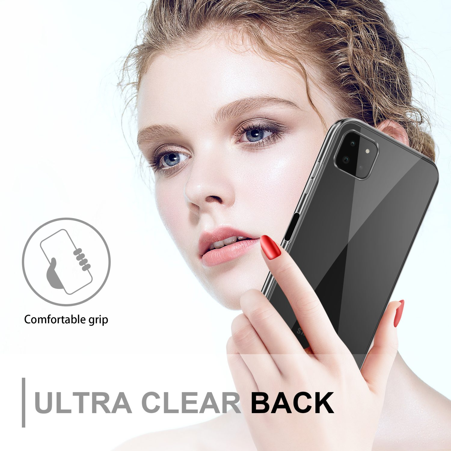 Donna che tiene una custodia trasparente per telefono sopra un telefono, con testo 'Ultra Clear Back'.