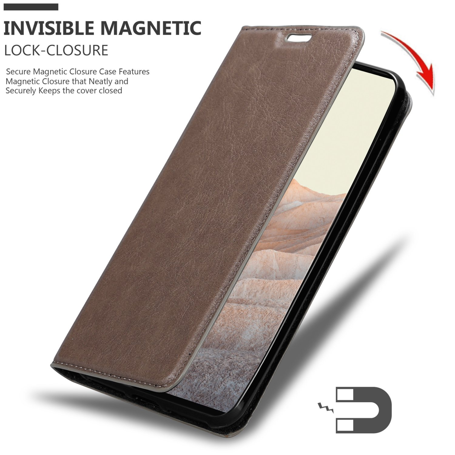 Custodia marrone per telefono con chiusura magnetica, aperta per rivelare un telefono.