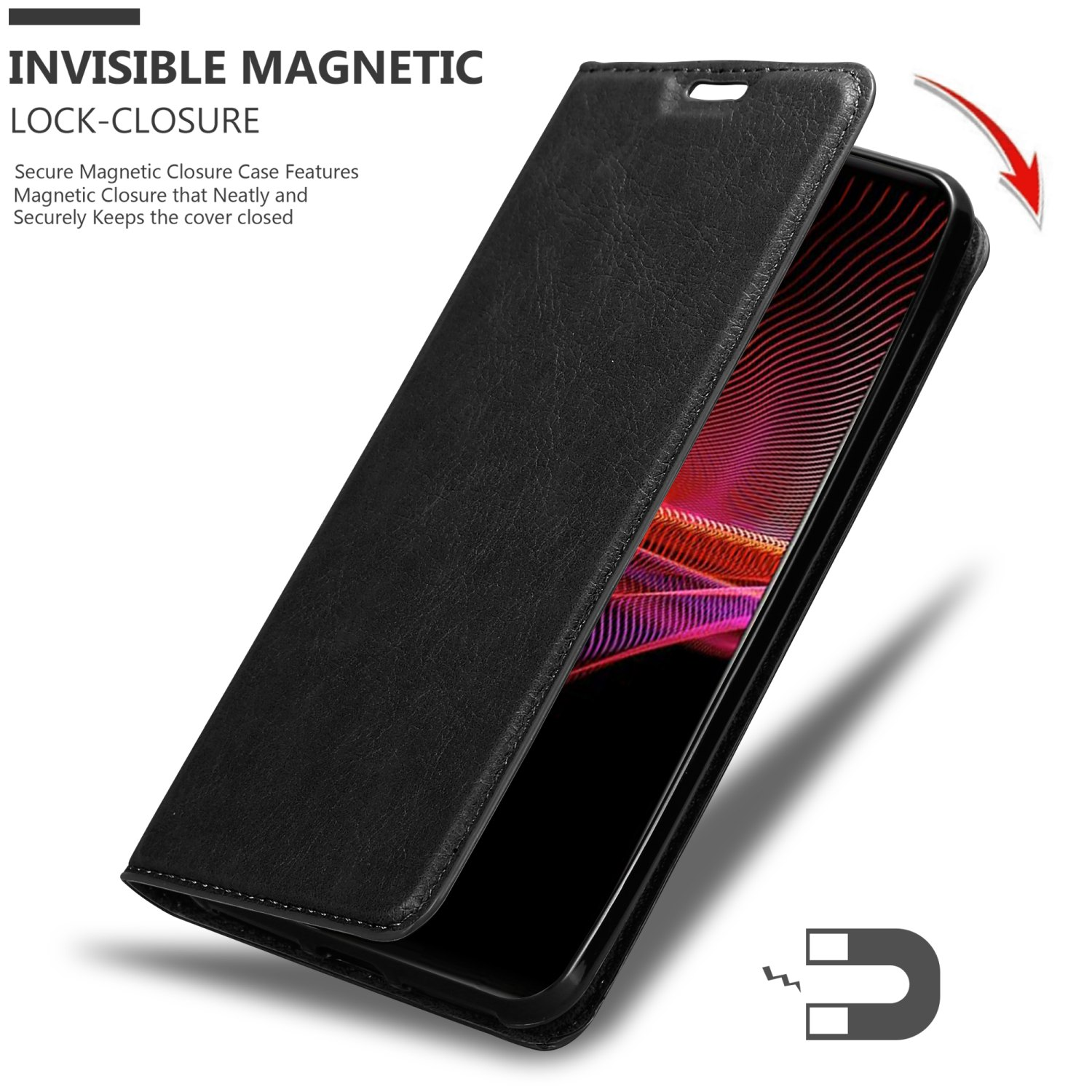 Custodia per telefono nera con telefono all'interno. Ha una chiusura magnetica. Lo schermo del telefono è visibile.