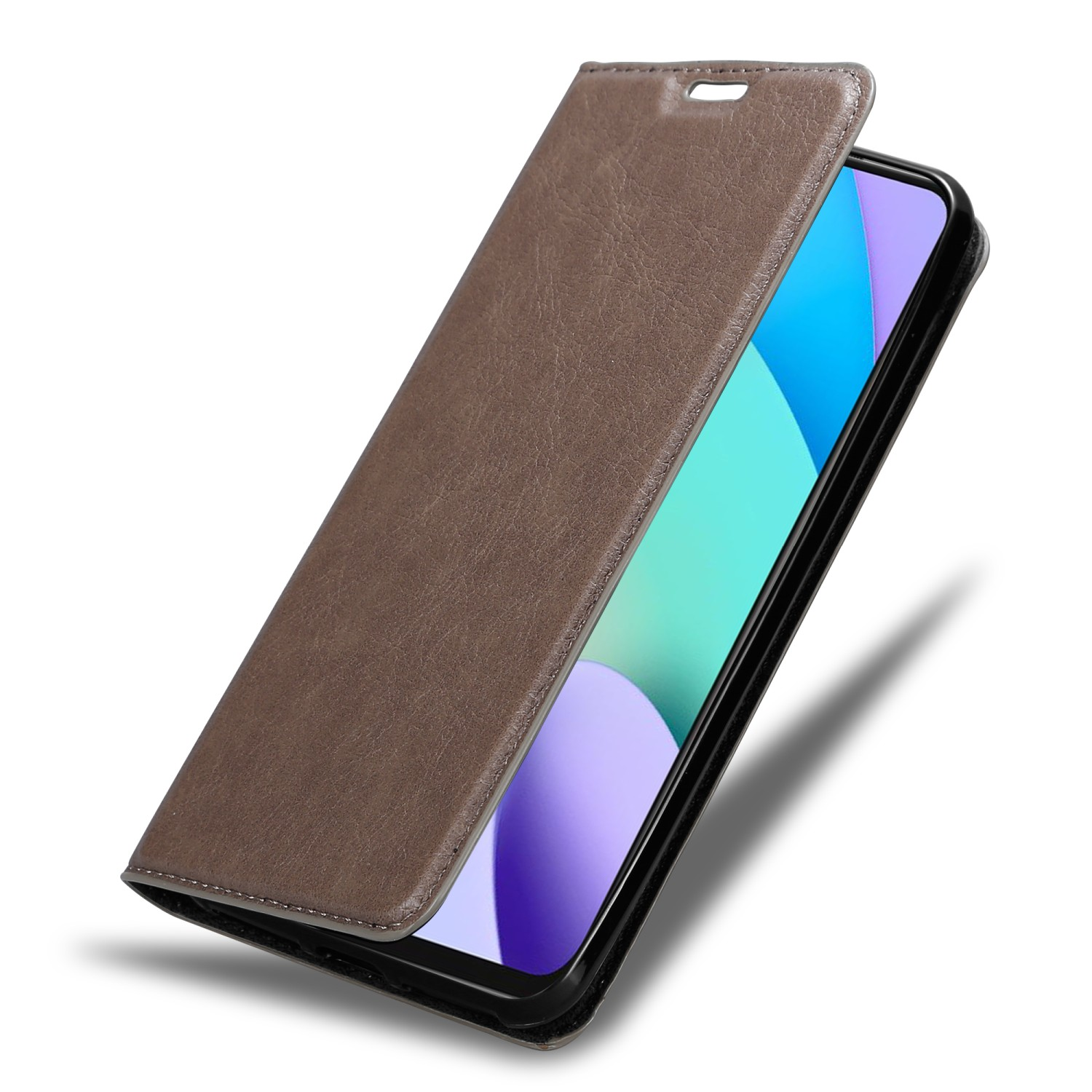 Braune Handyhülle mit Telefon darin. Die Hülle ist offen, zeigt den Bildschirm des Telefons. Die Hülle hat eine Textur.