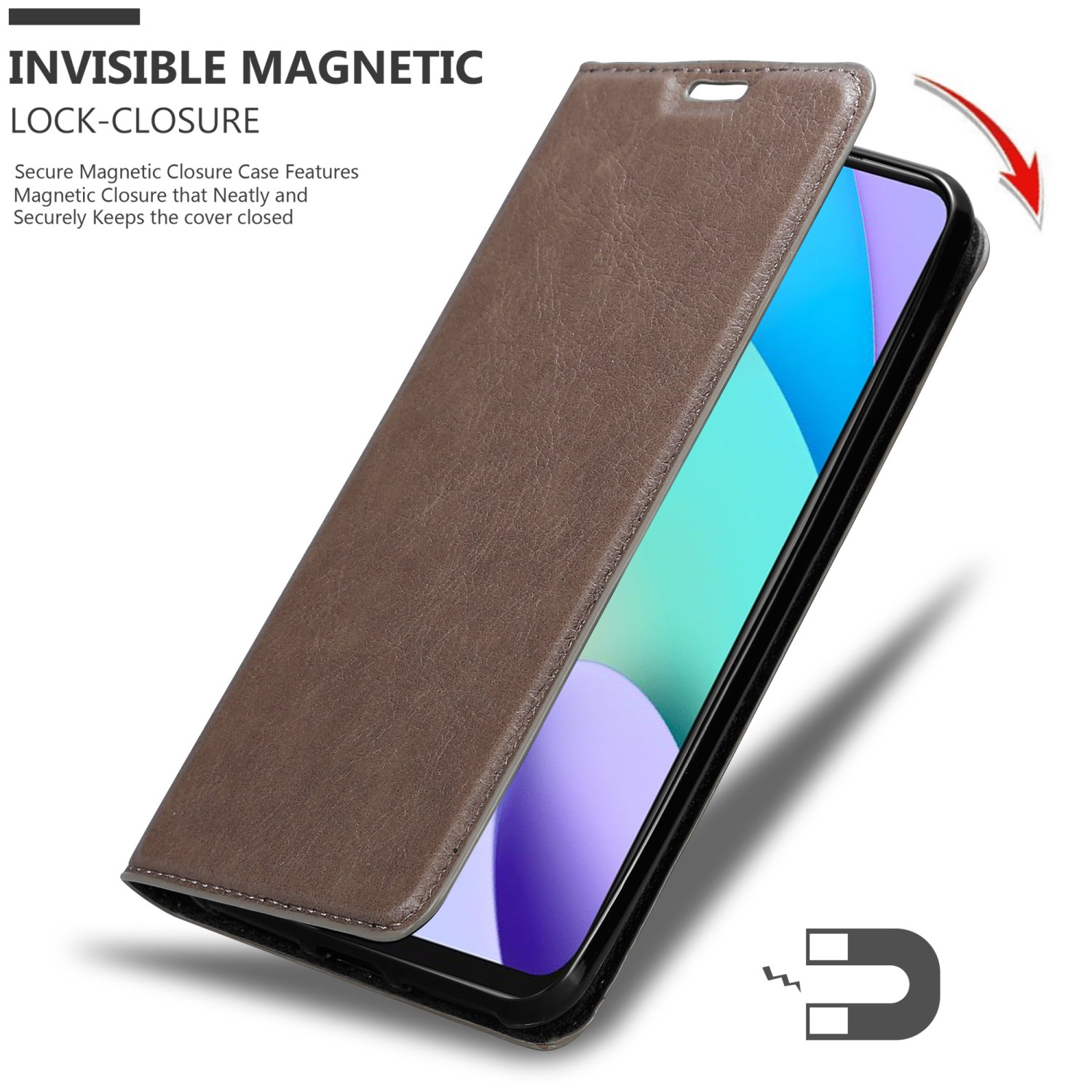 Braune Handyhülle geöffnet, Telefon sichtbar. Text: Unsichtbarer Magnetverschluss. Hält die Hülle sicher geschlossen.