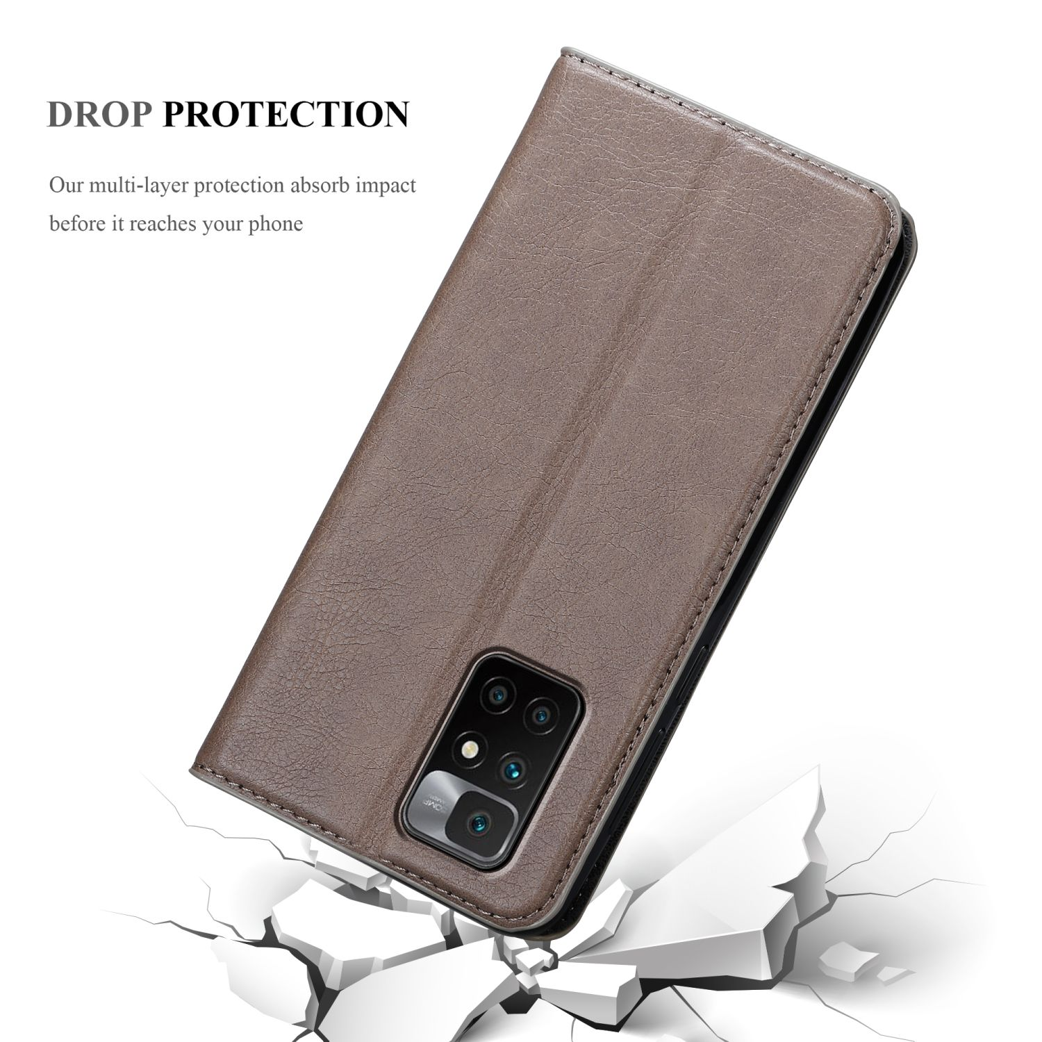 Eine braune Handyhülle, geschlossen, zeigt ein Telefon und das Design. Sturzschutz wird demonstriert.