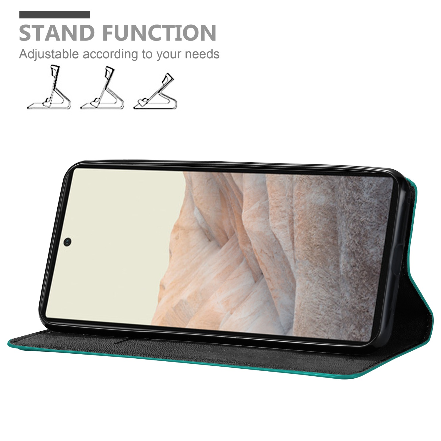 Handyhülle mit Telefon darin. Verfügt über einen Ständer, mit einem Telefon, das ein Bild zeigt.