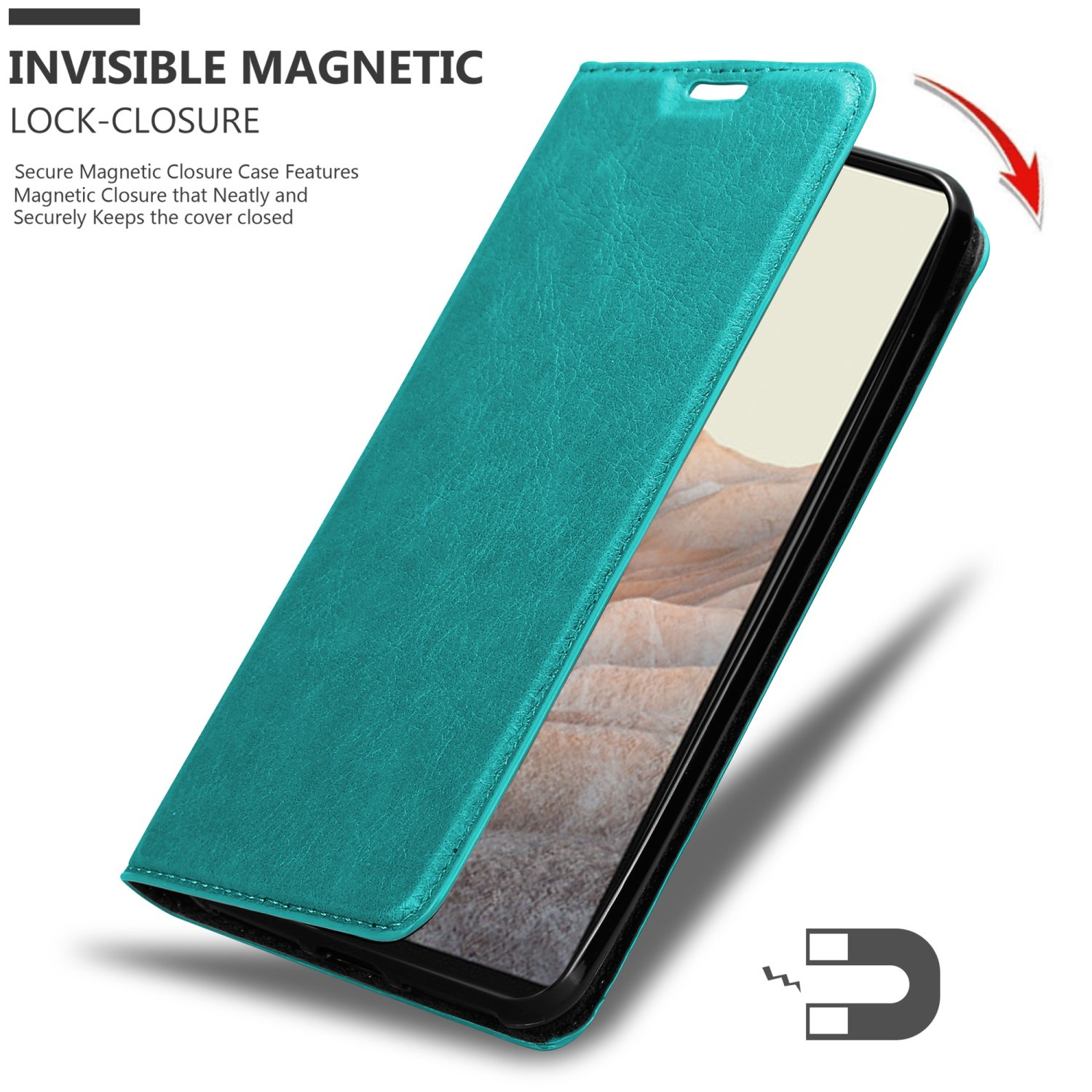 Türkisfarbene Handyhülle offen, Magnetverschluss. Die Hülle scheint aus Leder zu sein.