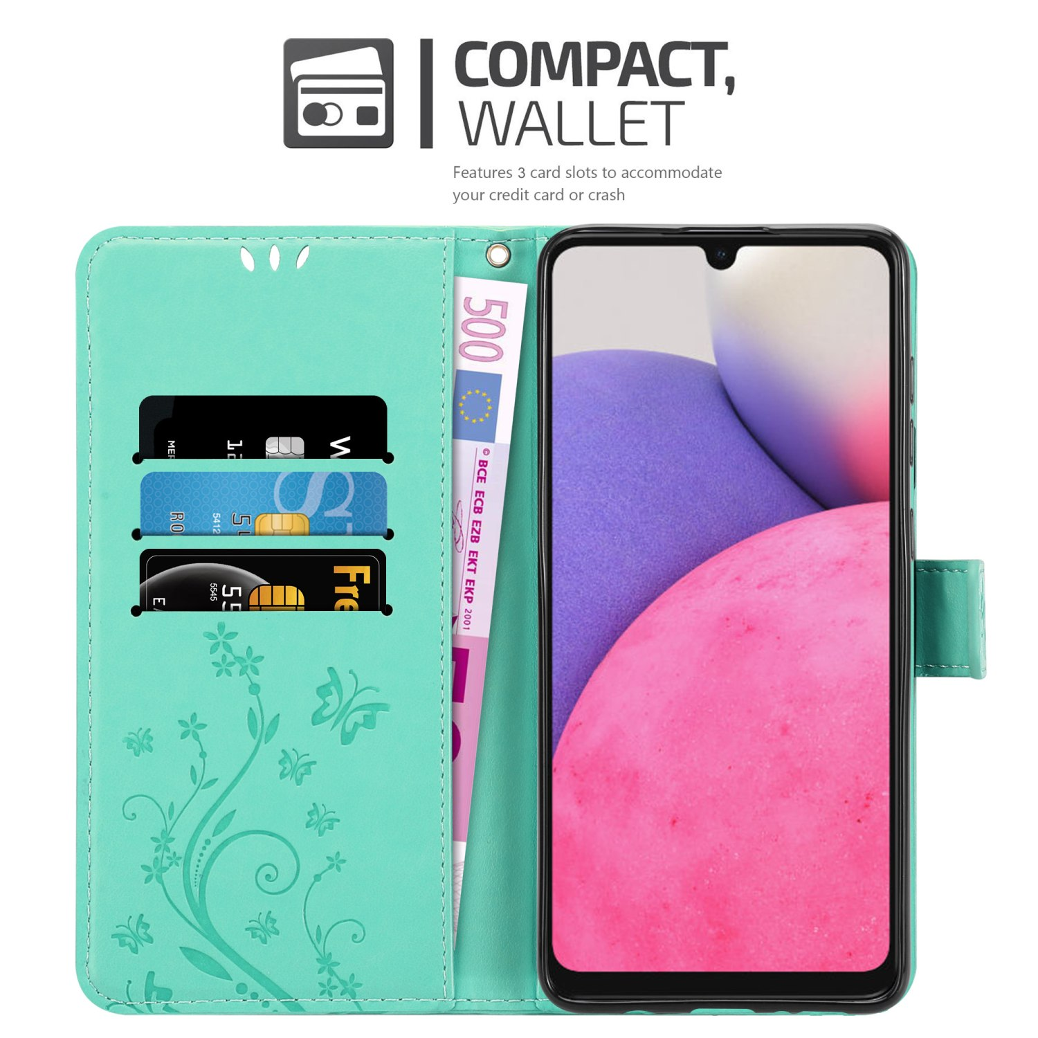 Custodia per telefono verde acqua aperta con design floreale e scomparti per carte. Visibile un telefono rosa.
