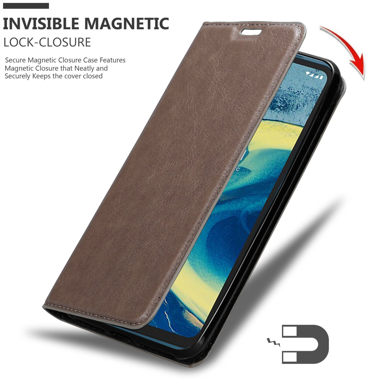 Custodia per telefono marrone con un telefono all'interno. È presente la chiusura magnetica. Viene mostrato anche un simbolo del magnete.
