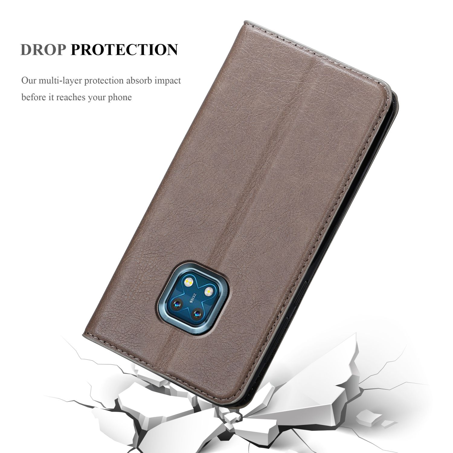 Custodia marrone angolata, con telefono all'interno, su una superficie con crepe. Il testo dice "Drop Protection".
