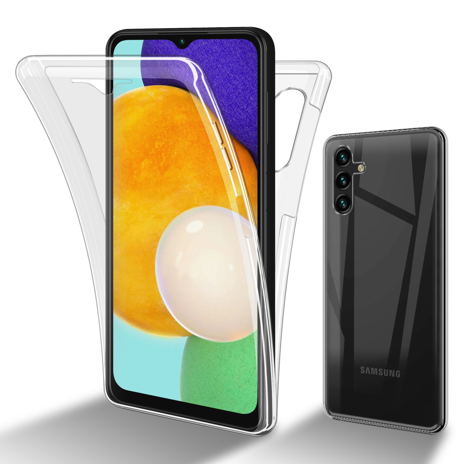 Eine transparente Handyhülle und ein schwarzes Telefon, vorne offen. Der Hintergrund ist weiß.