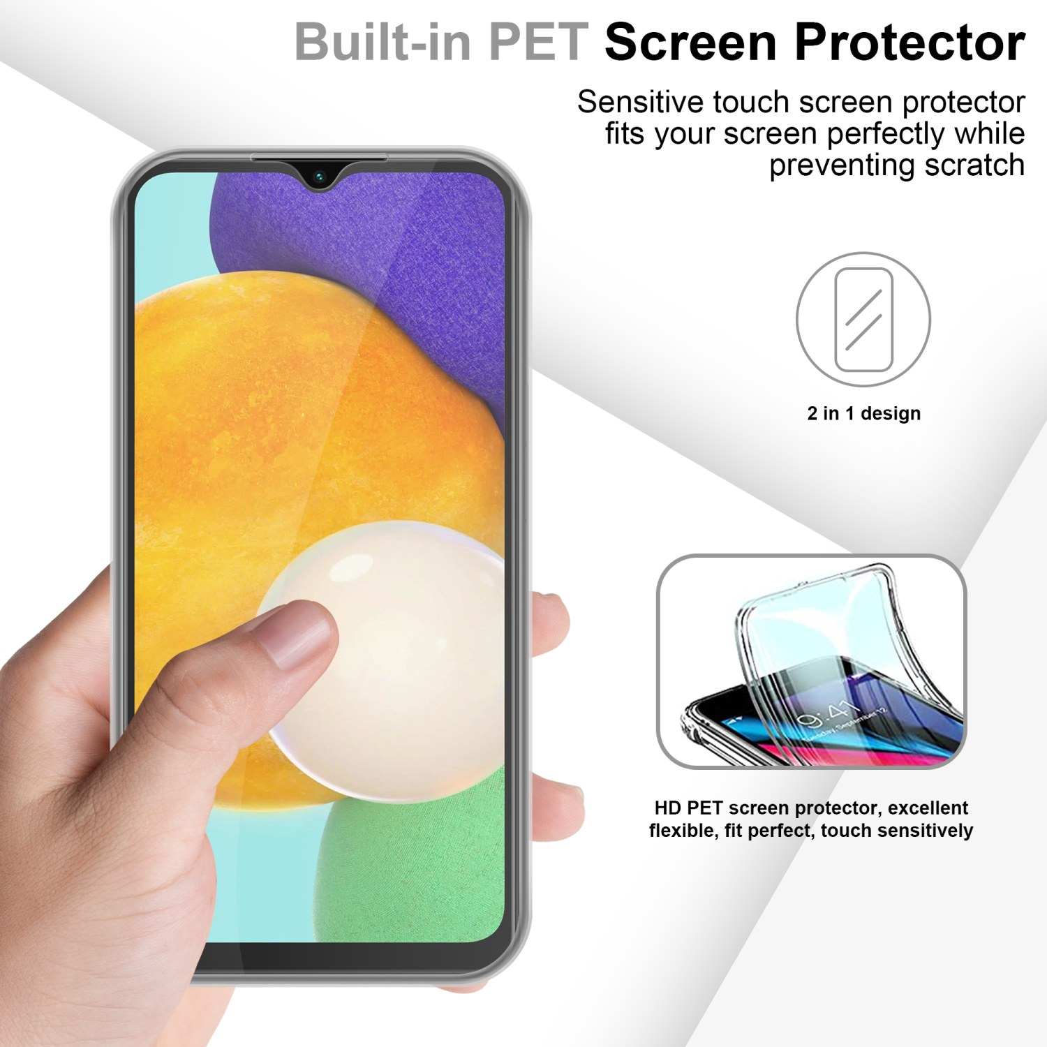 Smartphone in einer Hülle mit Displayschutz und Hand.