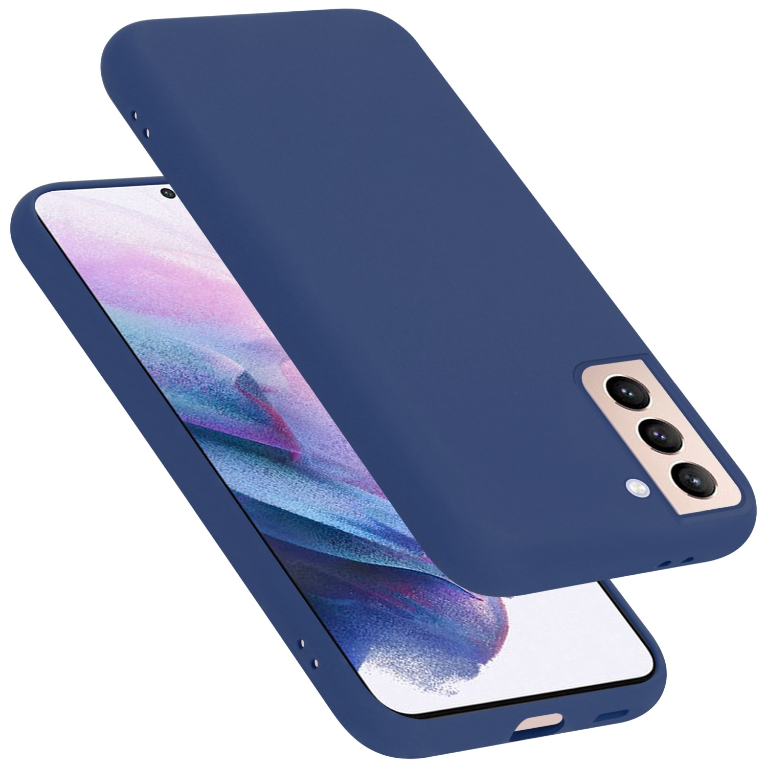 Custodia per telefono blu, leggermente sollevata sopra un telefono. Il telefono ha tre fotocamere.
