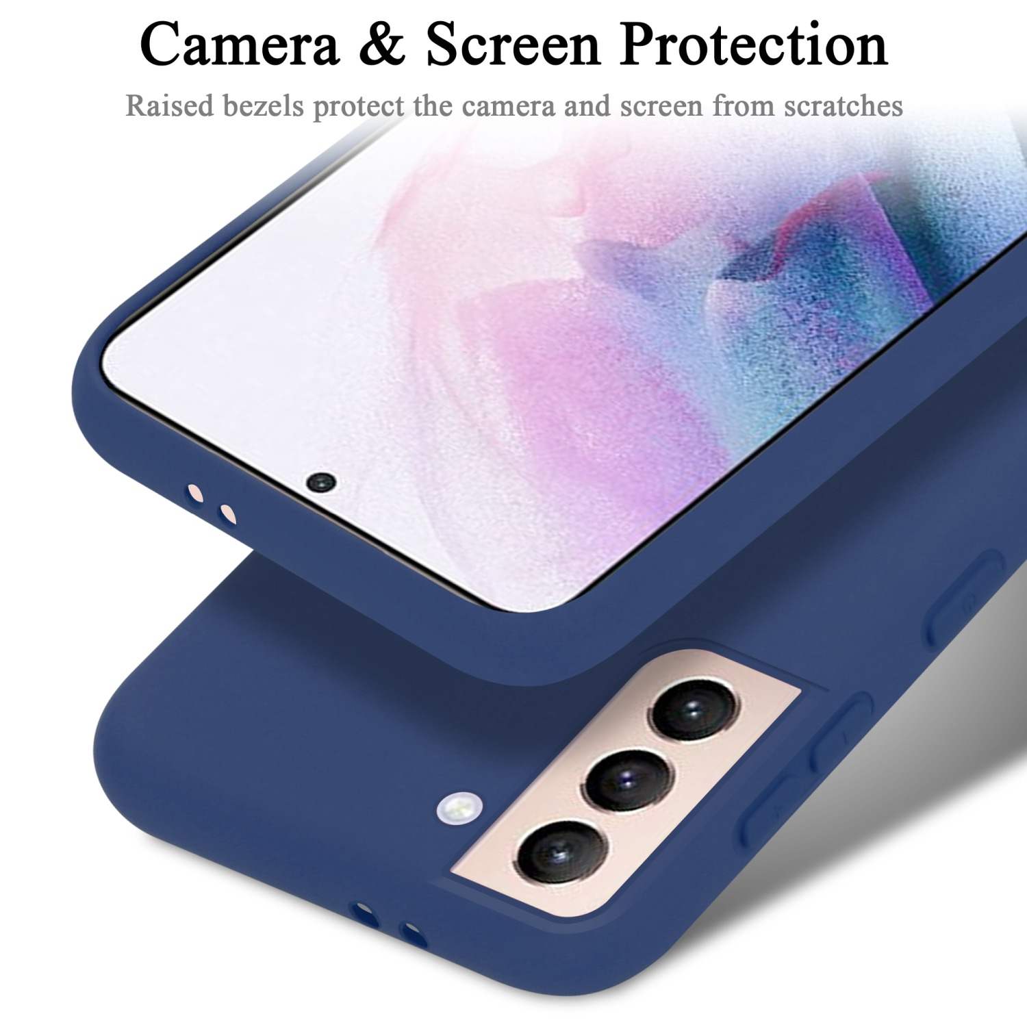 Custodia blu scuro. Testo Protezione fotocamera e schermo. Il telefono è nella custodia. Lunette rialzate.