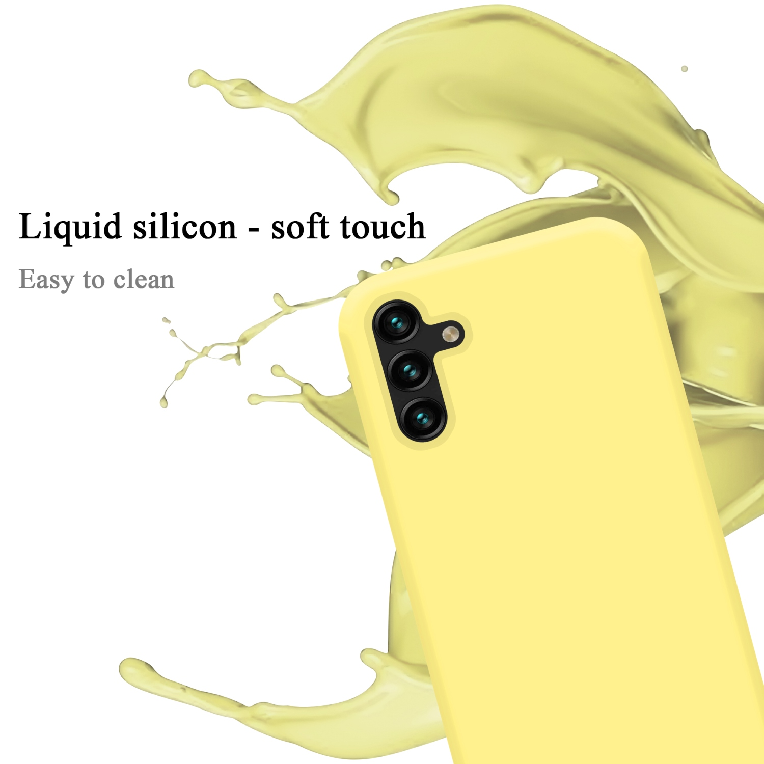 Un telefono giallo con uno spruzzo di liquido giallo. Il telefono ha tre fotocamere sul retro.