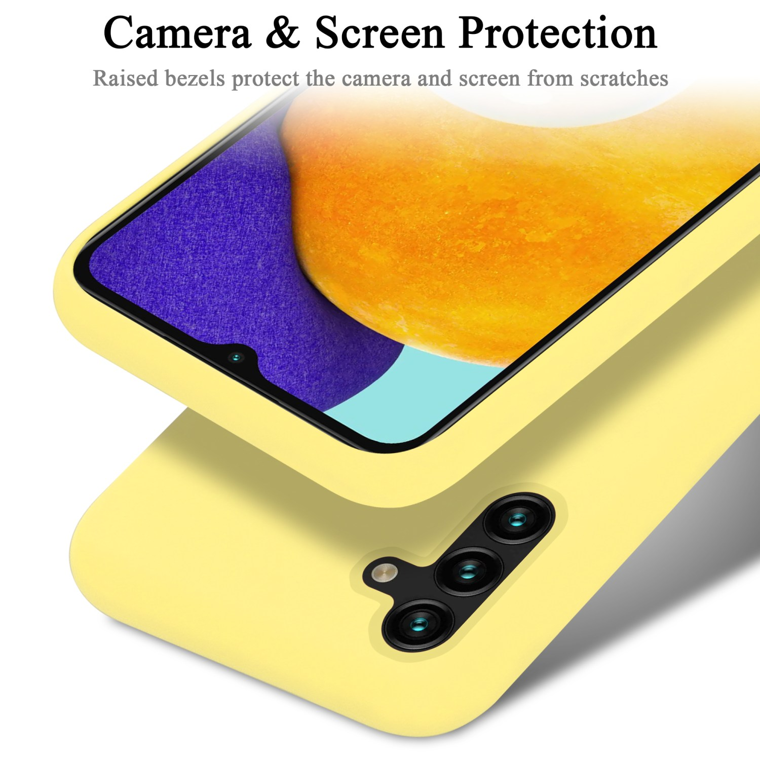 Custodia per telefono gialla con telefono giallo. Le cornici rialzate proteggono la fotocamera e lo schermo.