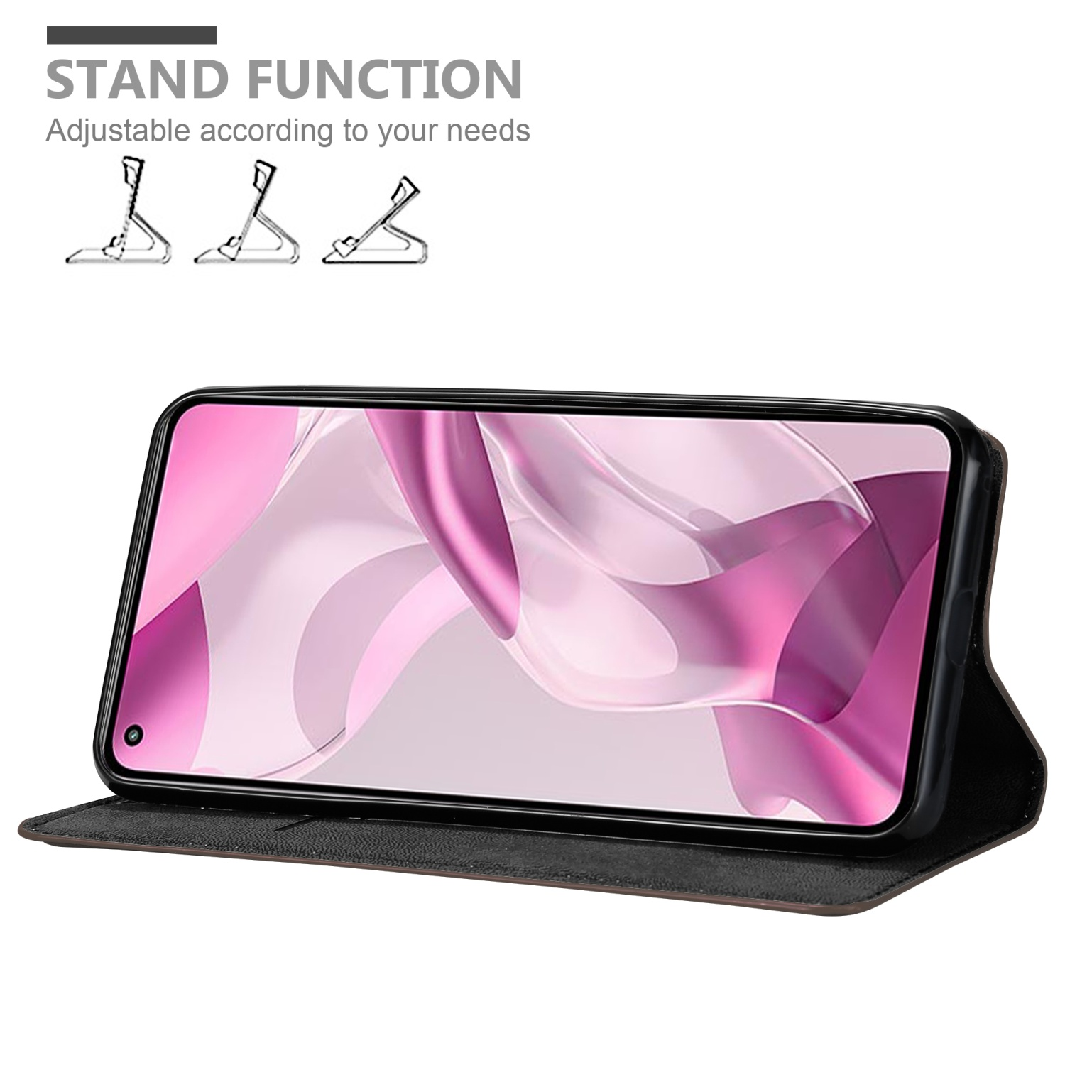 Schwarze Handyhülle mit einem Telefon, das einen pinken und lila Bildschirm im Ständermodus zeigt.