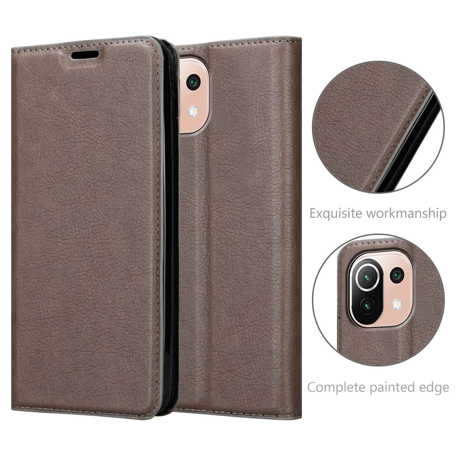 Braune Handyhülle mit Wallet-Design. Detail zeigt Nähte und die Handykamera.