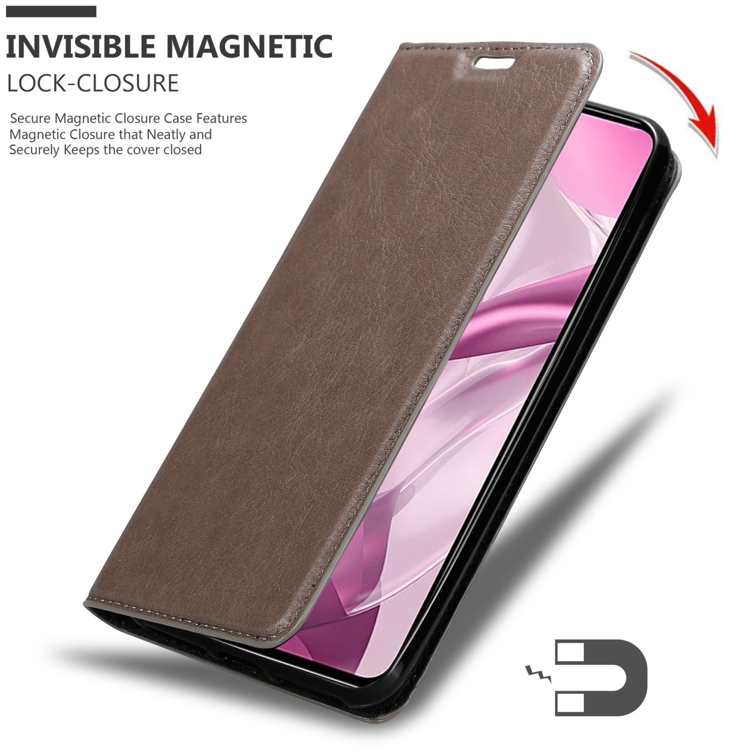 Braune Handyhülle mit geöffneter Abdeckung über einem Telefonbildschirm. Magnetverschluss sichtbar.