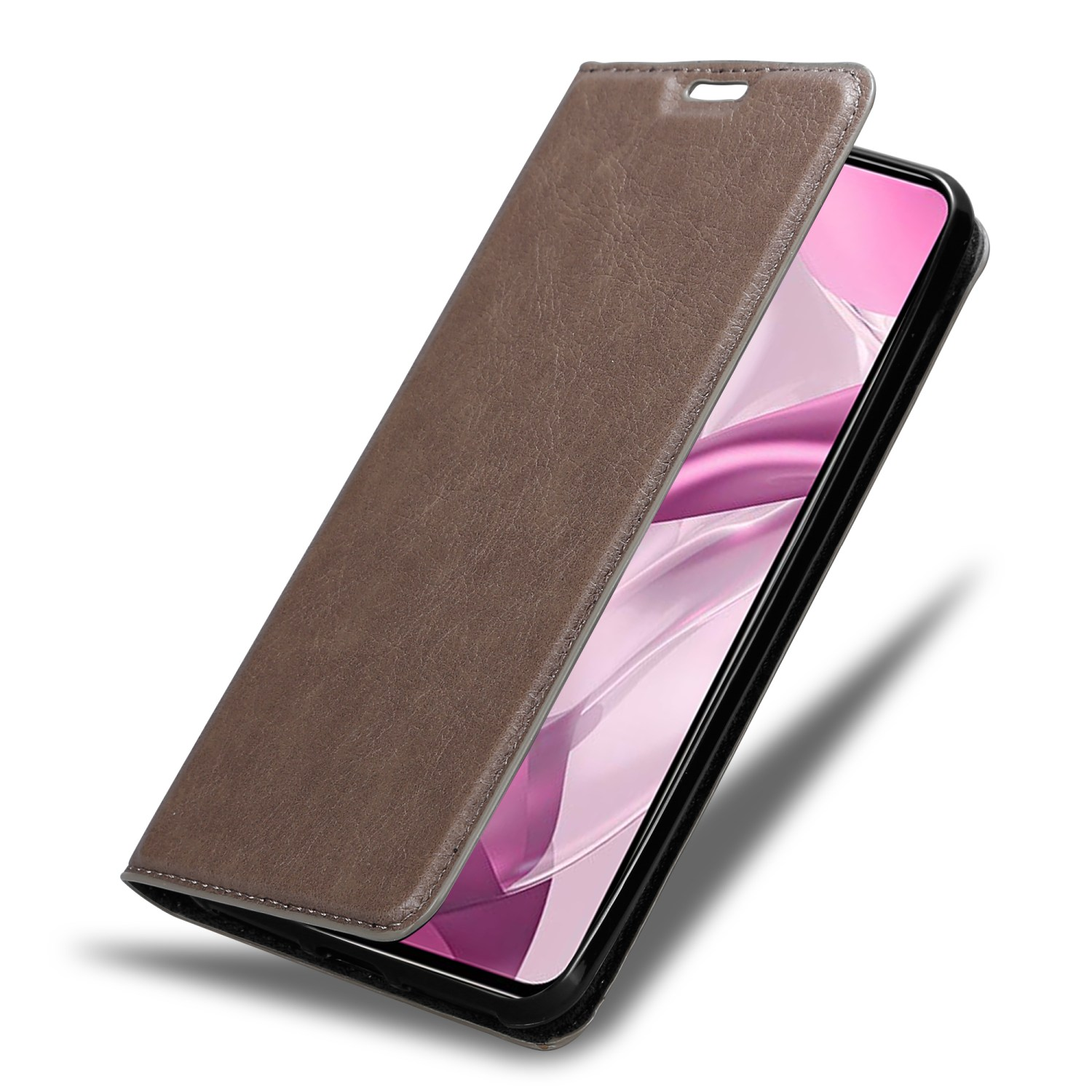 Braune Handyhülle, geöffnet. Das Telefon ist sichtbar und die Hülle ist lederartig.