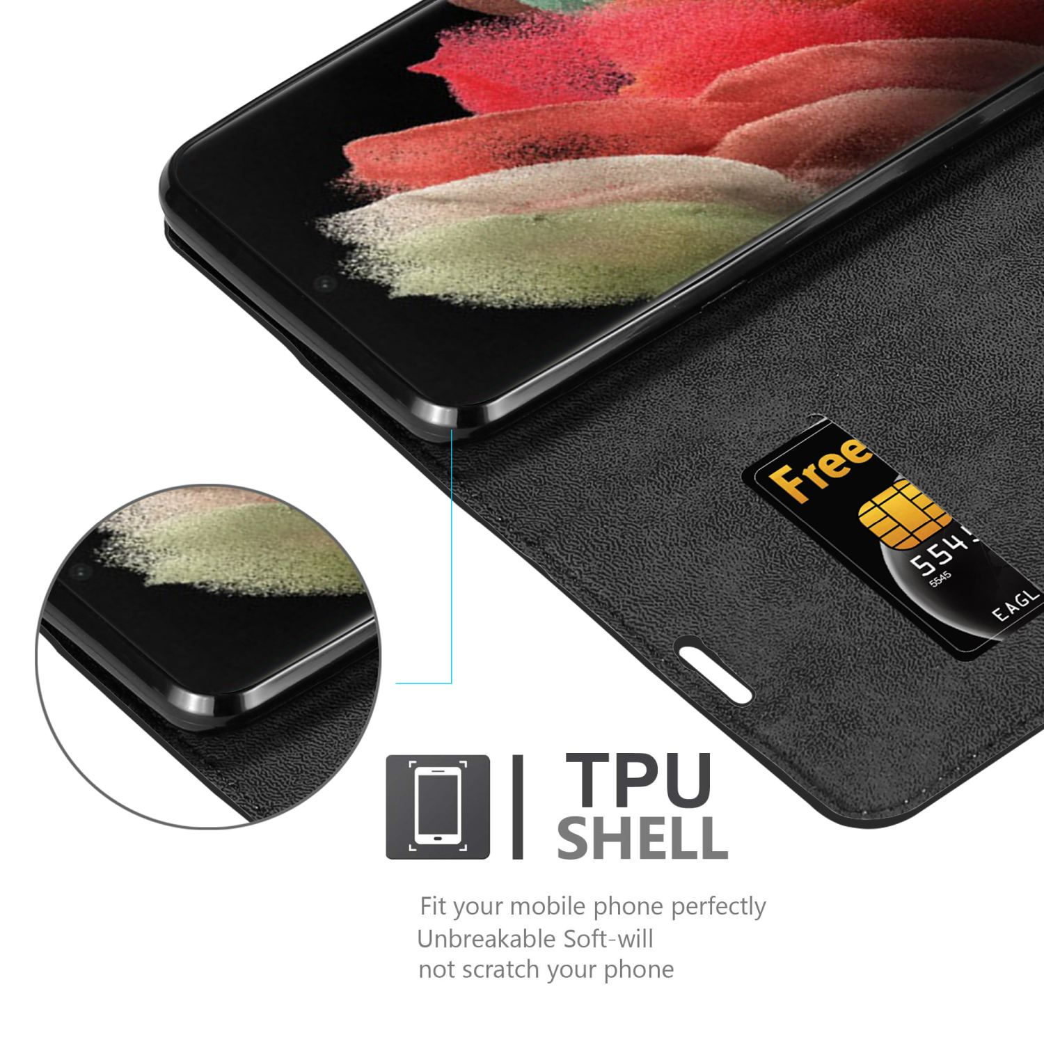Custodia nera aperta, che mostra un telefono con una carta in uno slot. Il testo dice “TPU SHELL.”