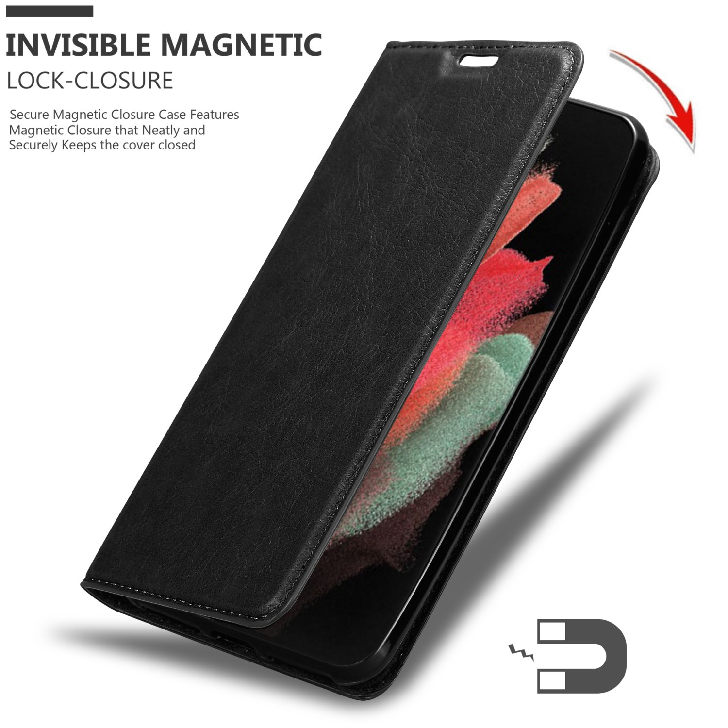 Custodia nera per telefono aperta, con telefono all'interno, grafica chiusura magnetica e freccia rossa. Sfondo bianco.