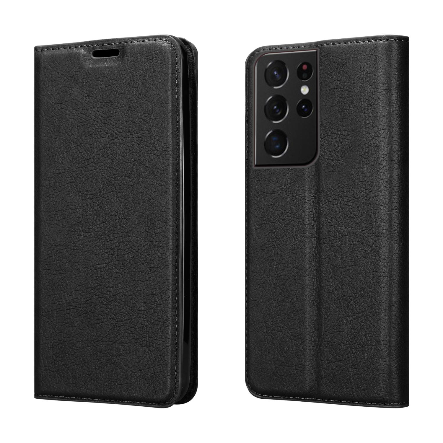 Custodia per telefono nera, aperta e chiusa. Il telefono ha più fotocamere. La custodia ha una texture.