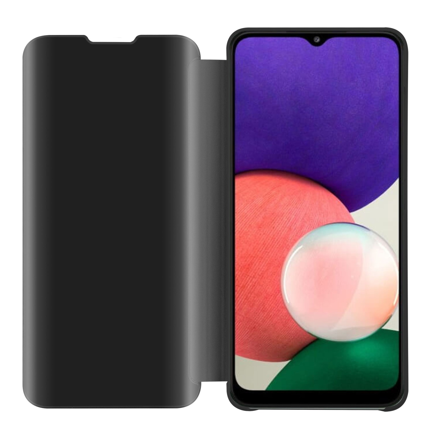 Custodia per telefono nera con un telefono che mostra uno sfondo astratto viola e rosso.