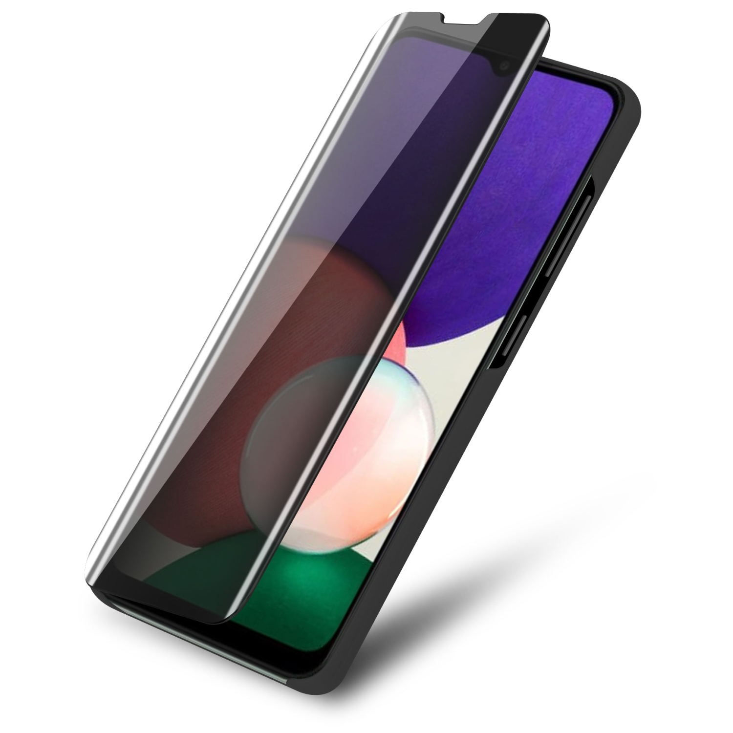 Telefono con protezione schermo applicata. Custodia nera per telefono.
