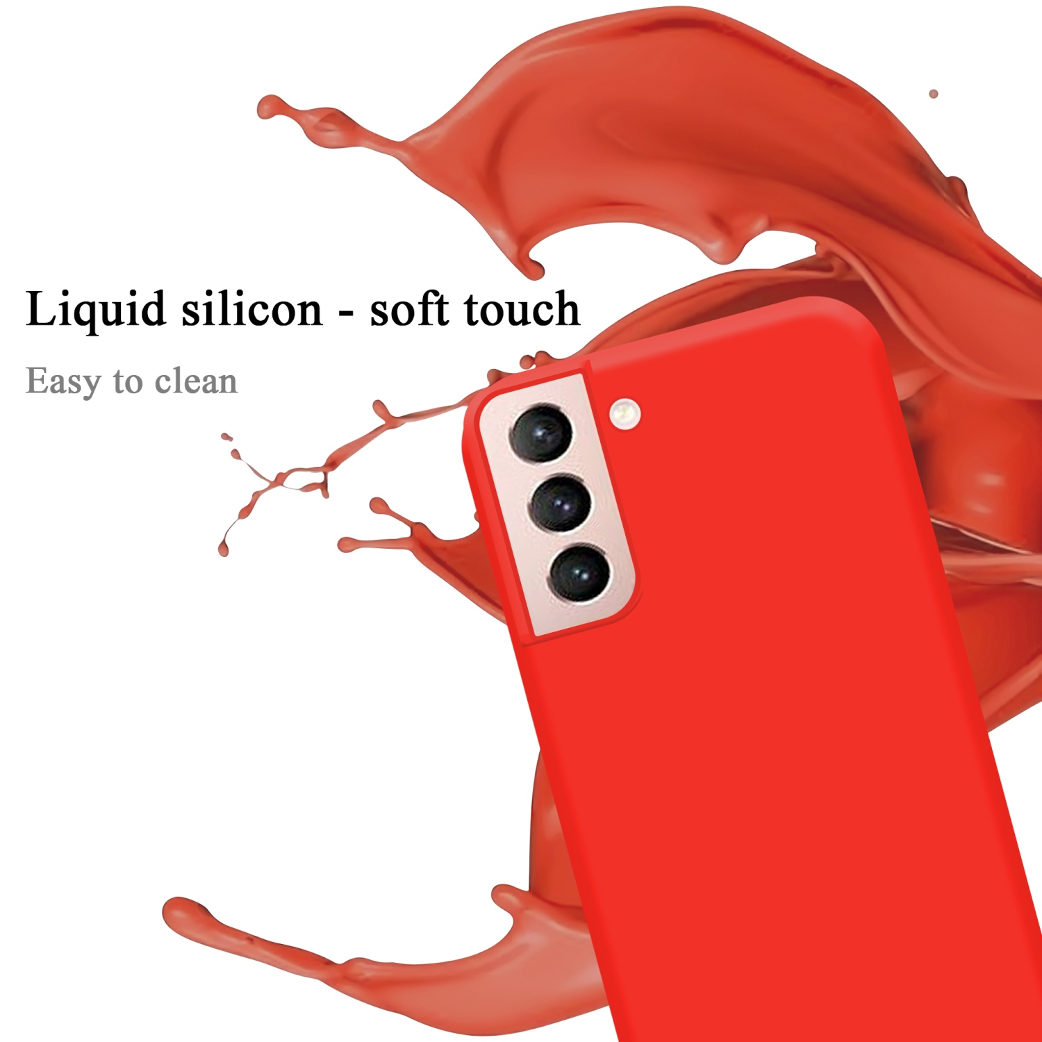 Custodia rossa per telefono con tre fotocamere, effetto splash liquido e testo: silicone liquido, soft touch, facile da pulire.