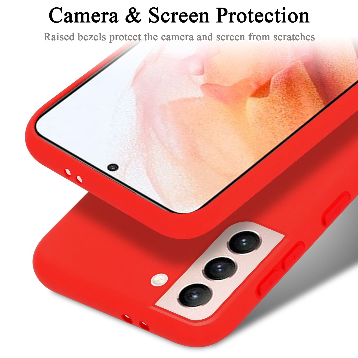 Custodia per telefono rossa con un telefono all'interno. La custodia ha un ritaglio per la fotocamera e pulsanti. Testo: Protezione fotocamera.