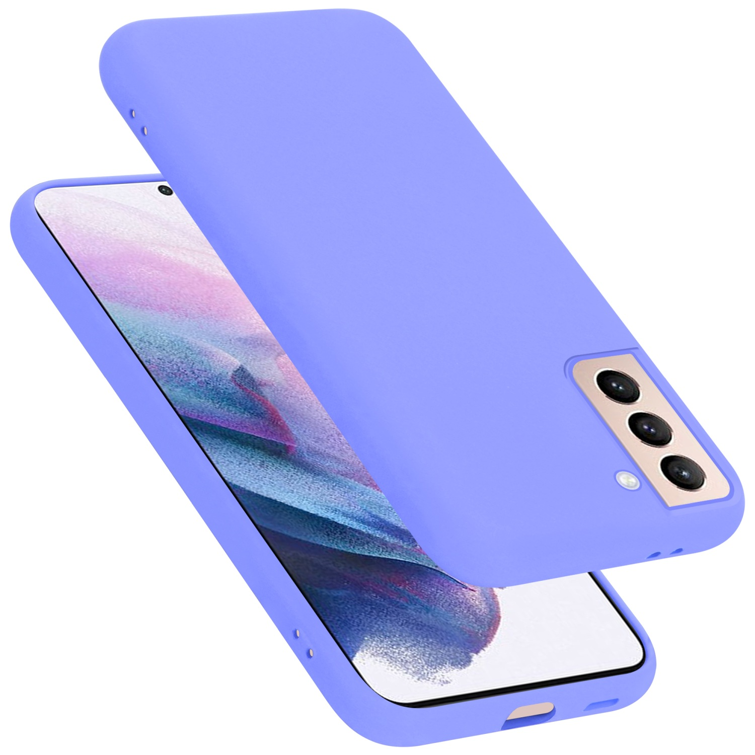 Custodia per telefono viola. C'è un telefono dentro. La custodia è su una superficie bianca.