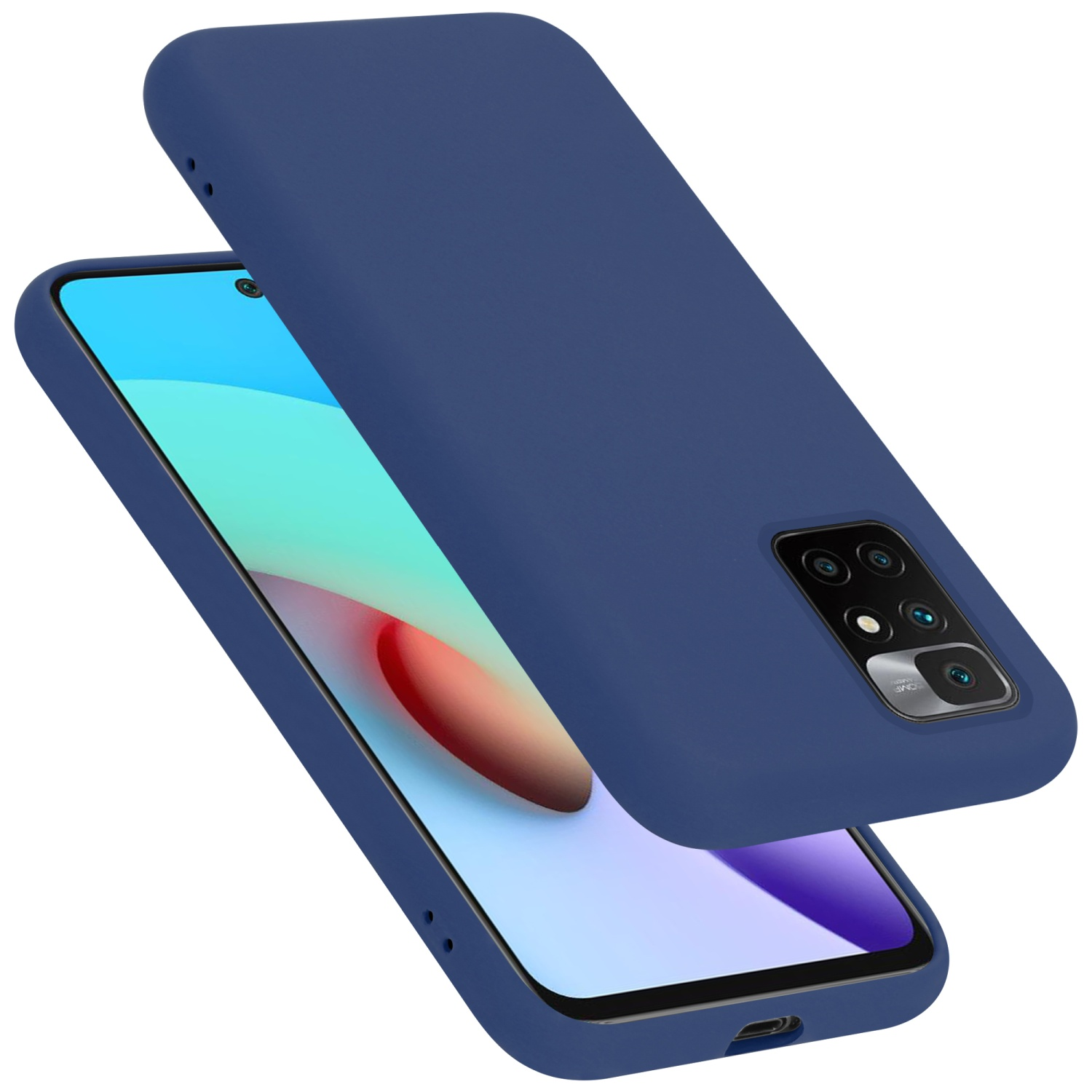 Blaue Handyhülle, oben offen, zeigt ein Telefon im Inneren. Die Hülle hat eine Kameraanordnung.