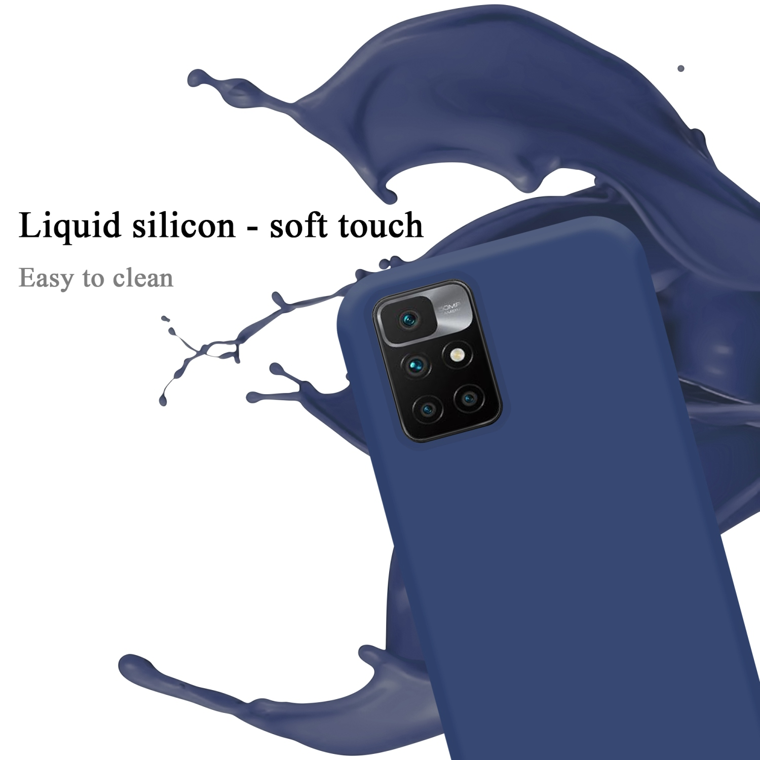 Eine blaue Handyhülle mit blauen Flüssigkeitsspritzern. Die Hülle hat ein Soft-Touch-Design.