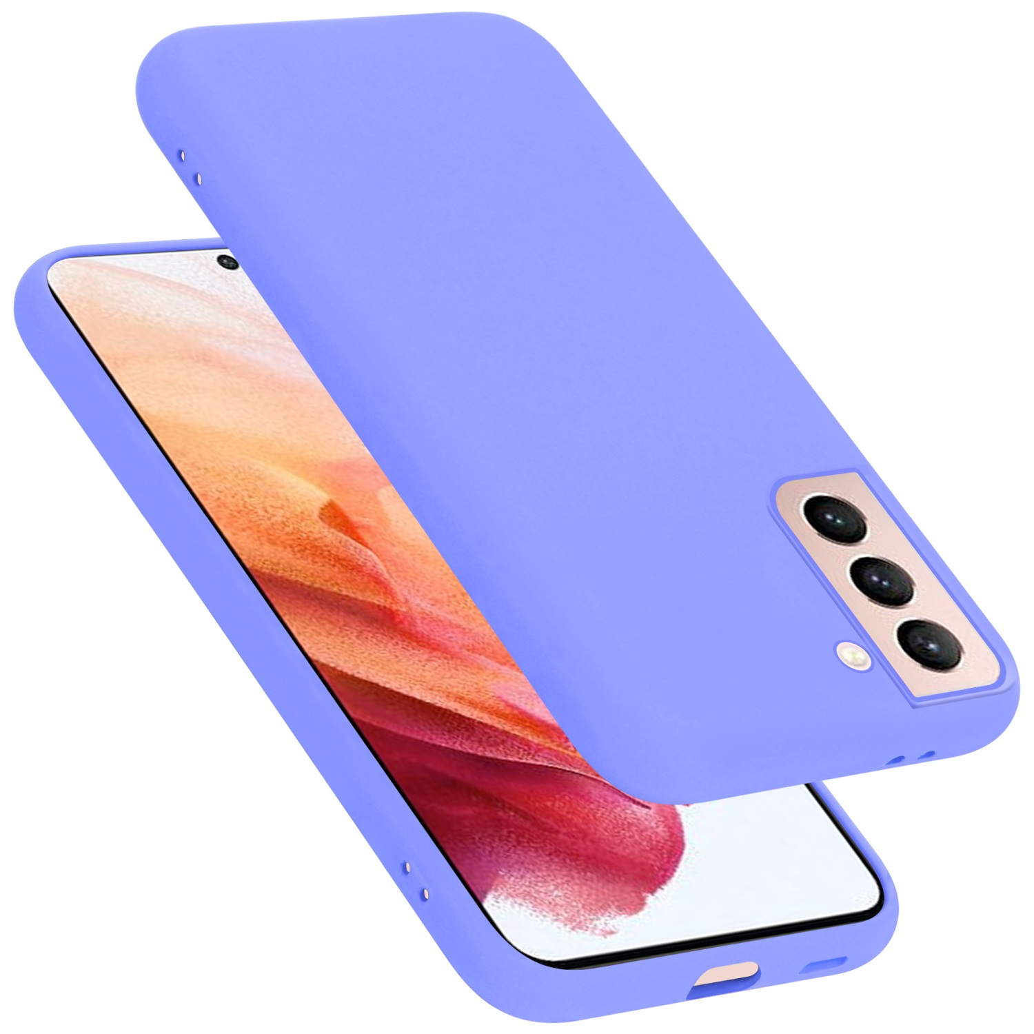 Custodia per telefono viola in due parti. Un telefono è all'interno, la fotocamera è visibile.