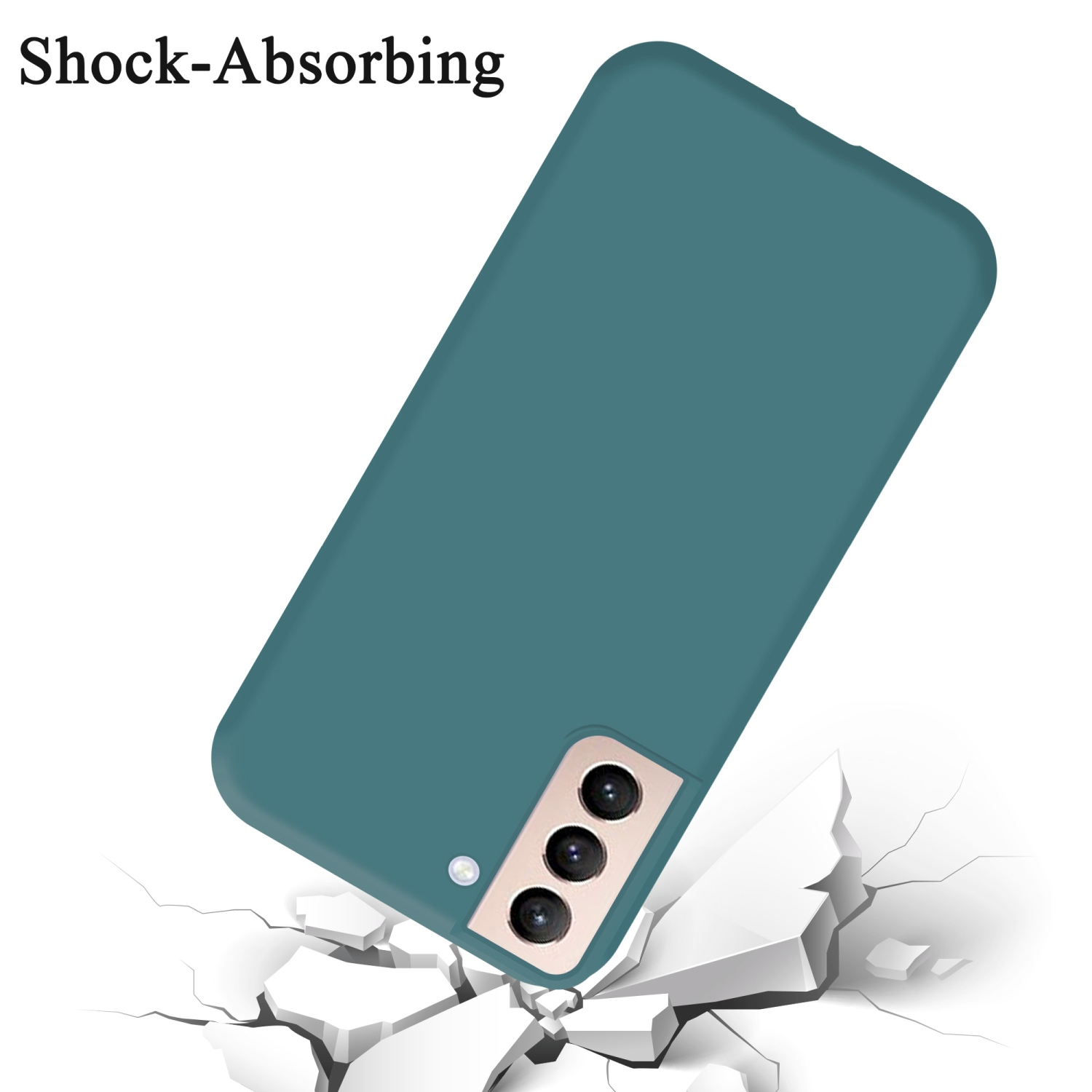 Blaue Handyhülle mit einem Telefon darin, nach unten geneigt. Es fällt und trifft auf eine Oberfläche.