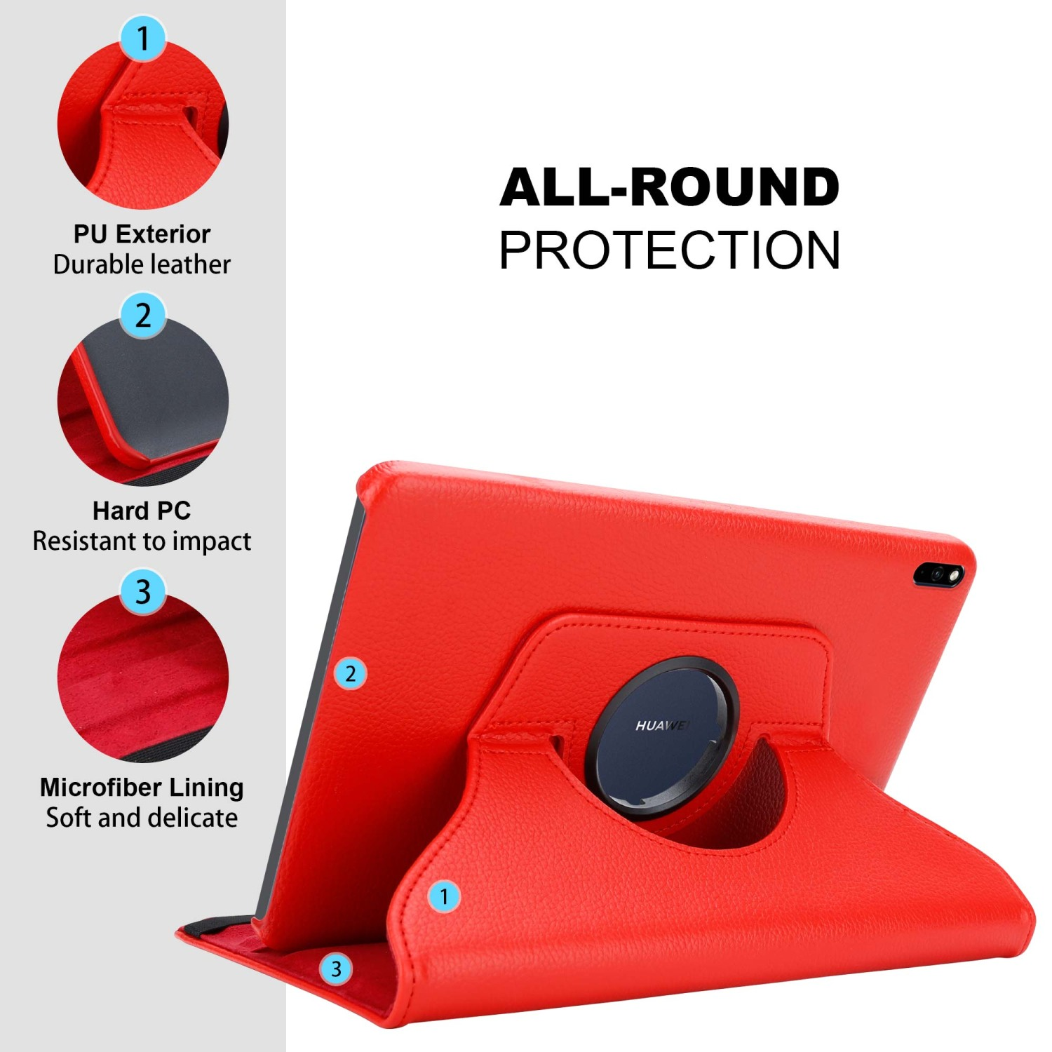 Custodia per tablet rossa con funzione stand, che mostra il retro e la vista aperta.