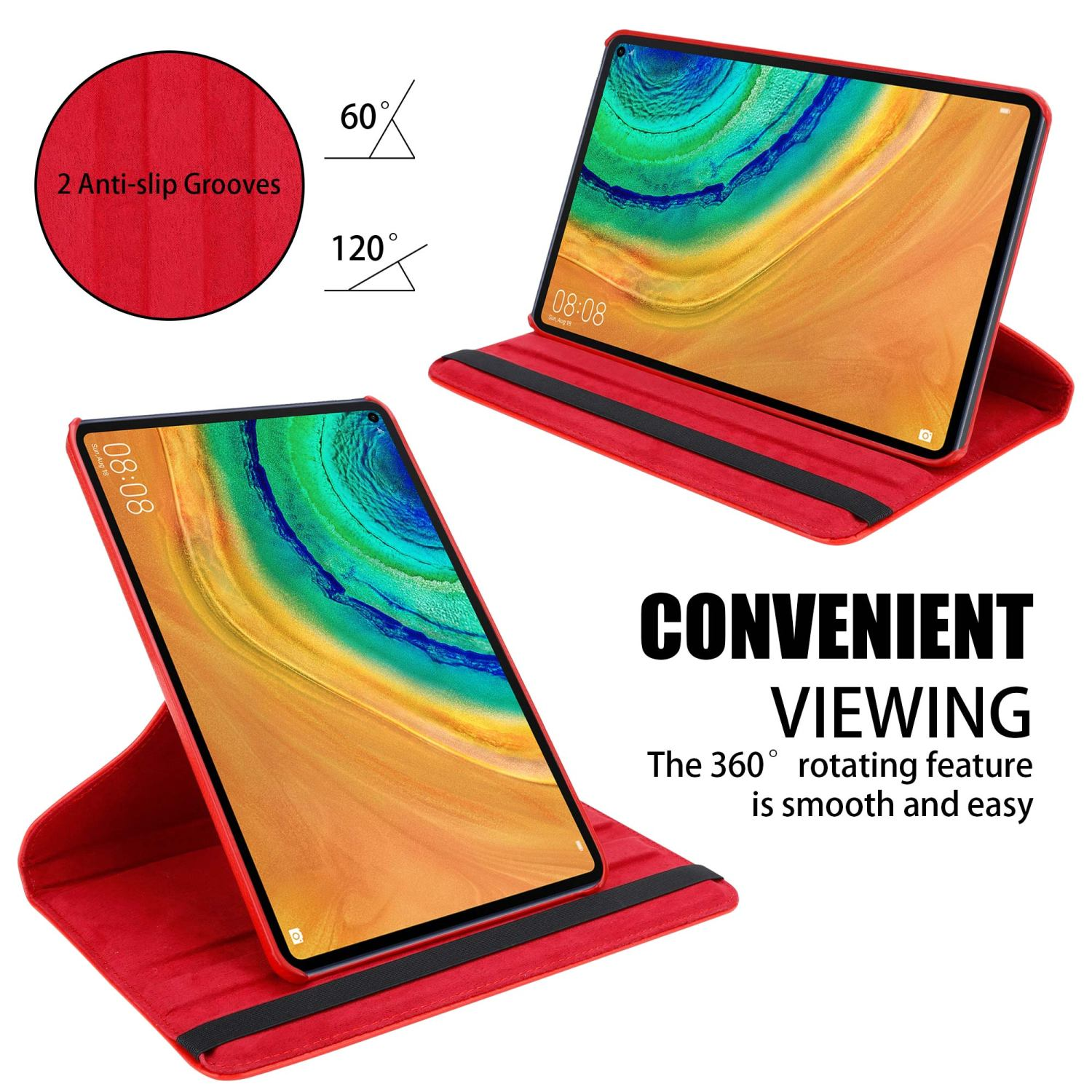Tablet in custodia rossa, in piedi. Copertura rossa, due scanalature antiscivolo.