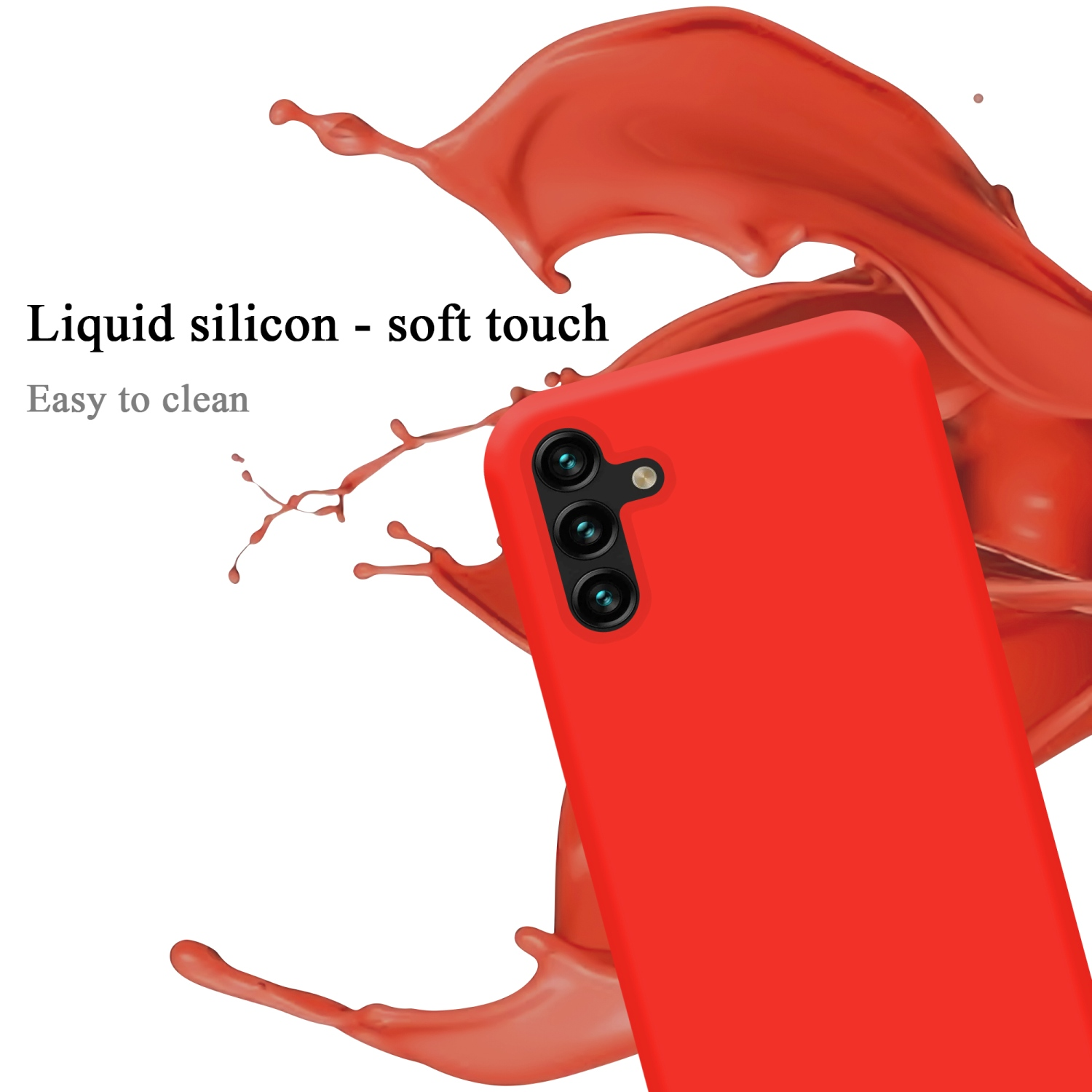 Rote Handyhülle mit Telefon, roter Spritzer im Hintergrund. Einfach zu reinigen.