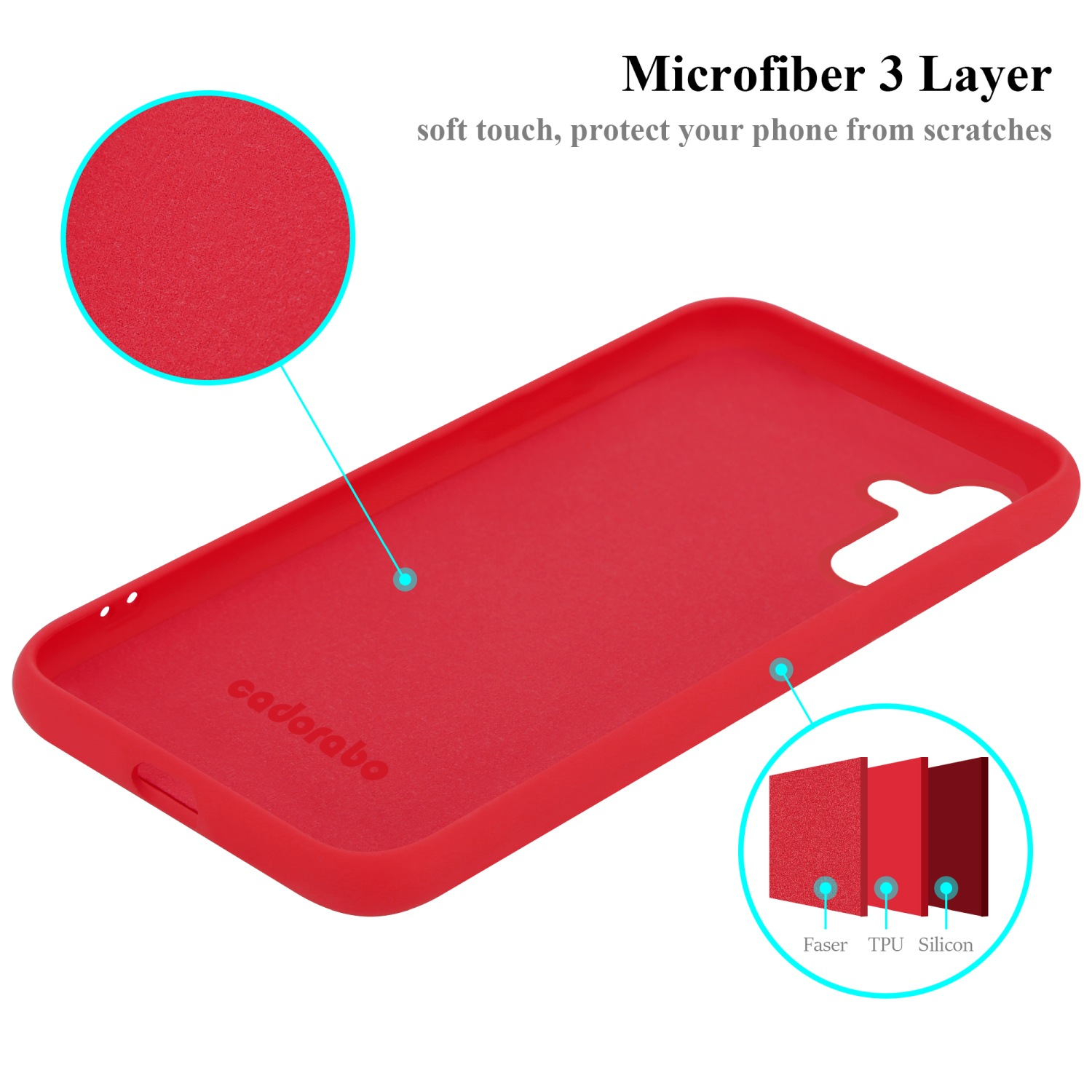Rote Handyhülle. Text: Mikrofaser 3-lagig, weiche Haptik, schützt Ihr Telefon vor Kratzern.