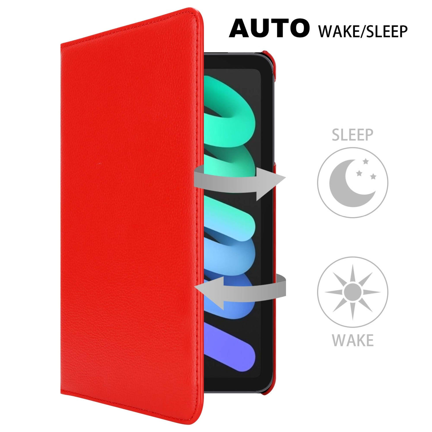 Custodia rossa con un tablet all'interno. La custodia è aperta. Il tablet ha una funzione sleep e wake.