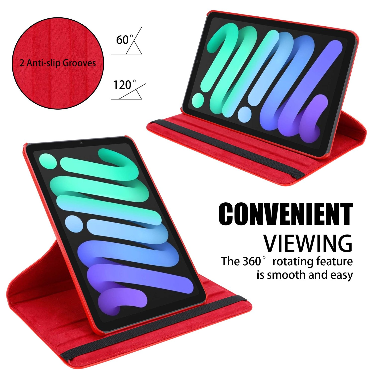 Custodia per tablet rossa con un tablet all'interno in due diverse posizioni e un piccolo cerchio con 2 scanalature antiscivolo.