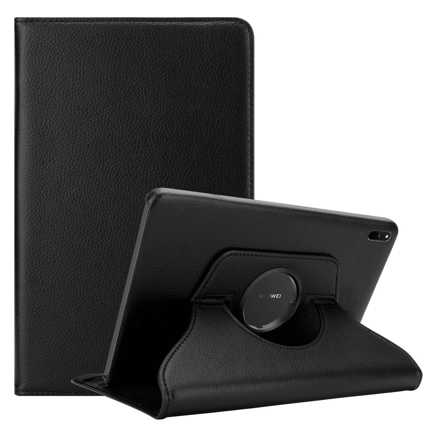 Funda negra para tableta con soporte. La tableta está en la funda.