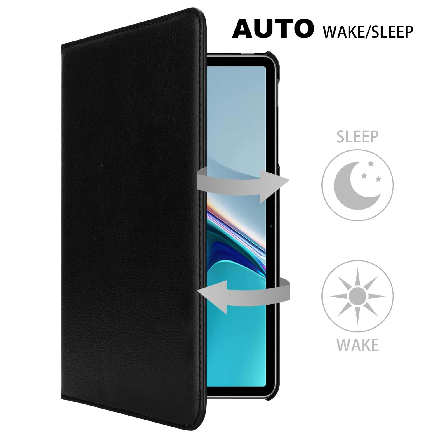 Funda negra para teléfono con cubierta abierta, mostrando la pantalla. El texto indica la función de activación/suspensión automática.