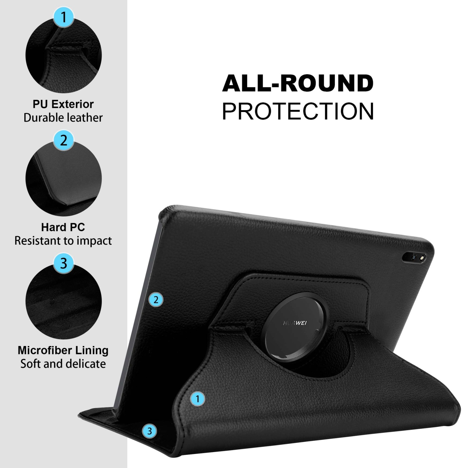 Funda negra para tableta abierta con una tableta. Muestra exterior de PU, PC duro y forro de microfibra.