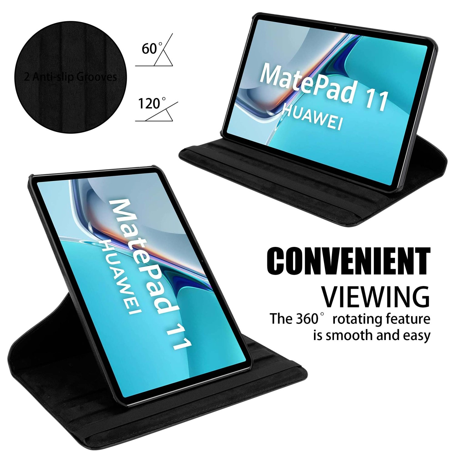 Funda de tableta negra con una tableta dentro. La tableta muestra el logotipo de Huawei. Fondo blanco.