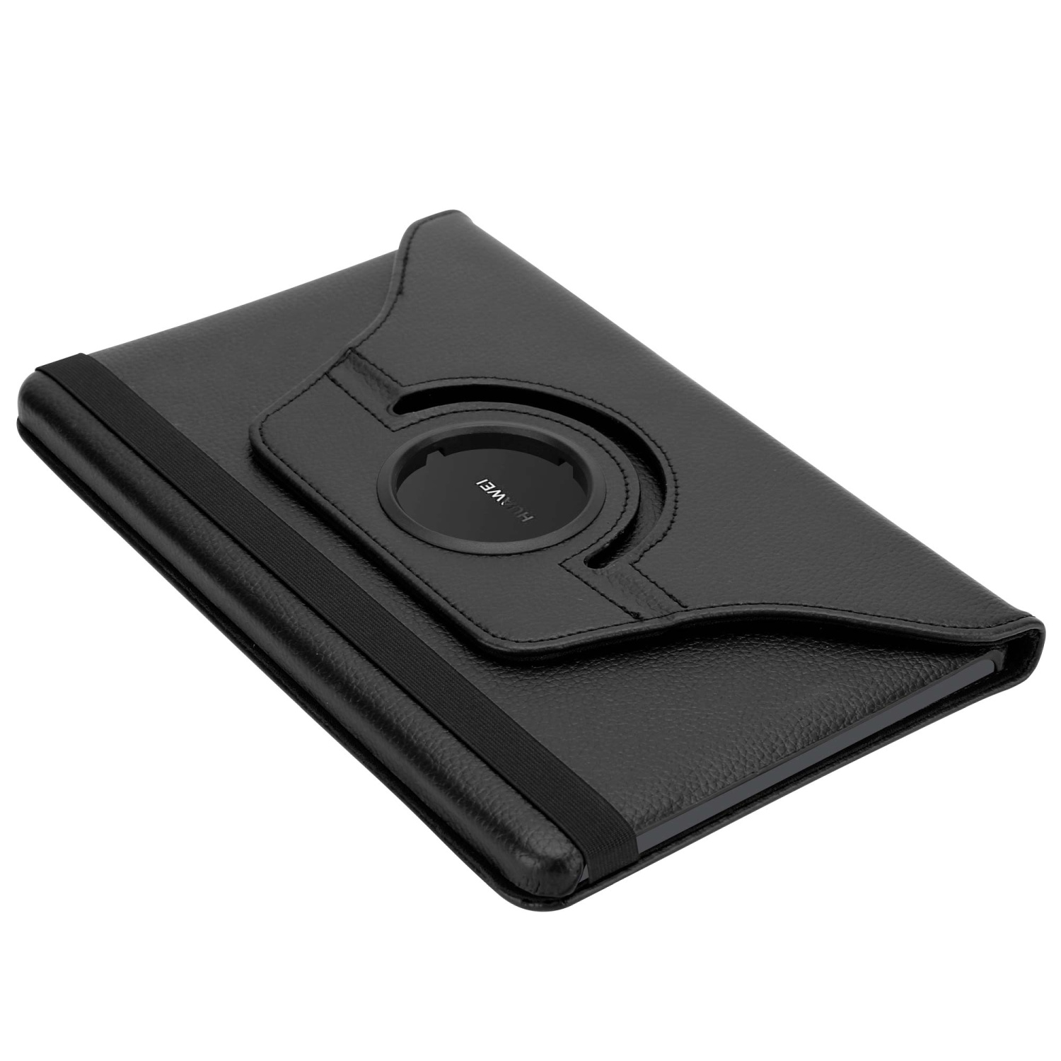 Una funda de tableta negra. Es una funda negra con un pivote y una correa. La funda está cerrada.
