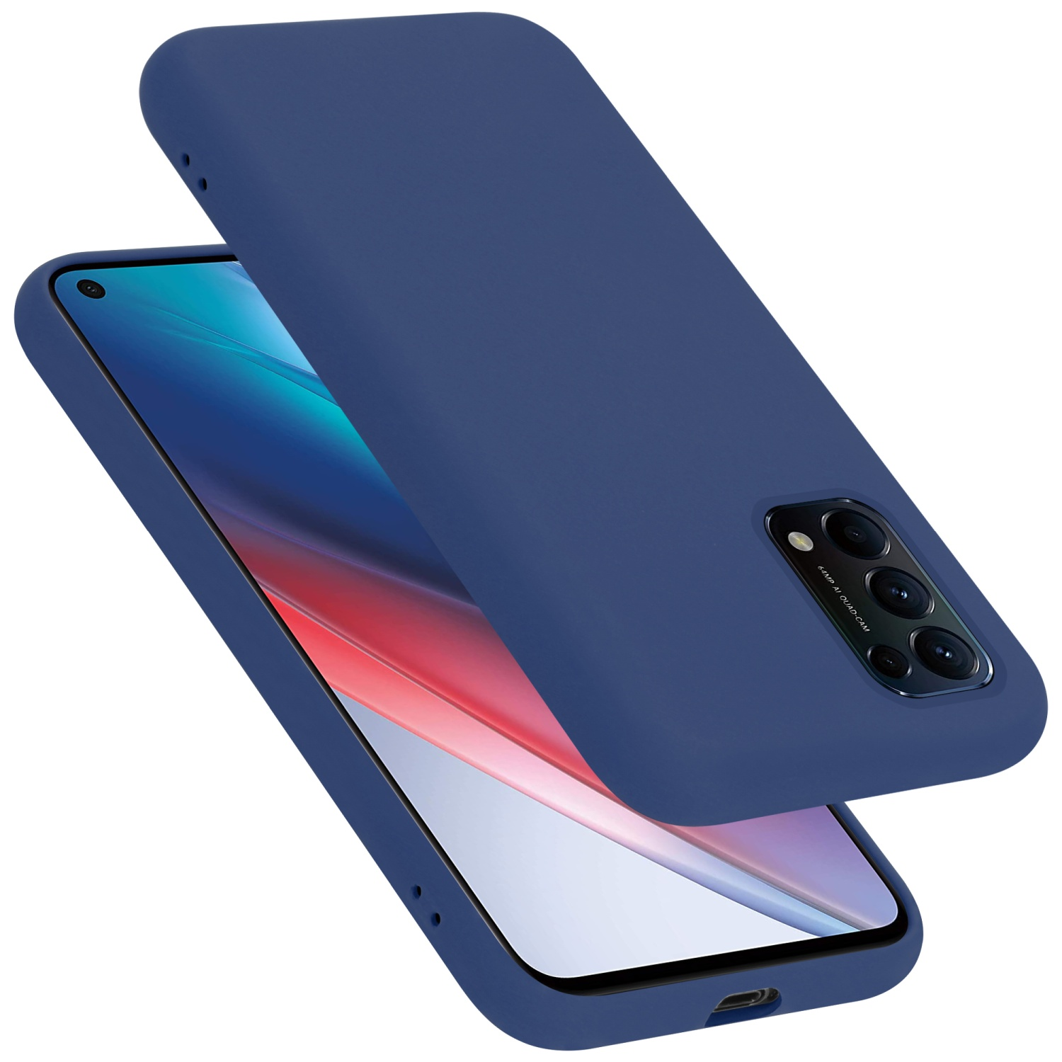 Blaue Handyhülle, Oberteil abgetrennt. Telefonbildschirm sichtbar. Weißer Hintergrund.