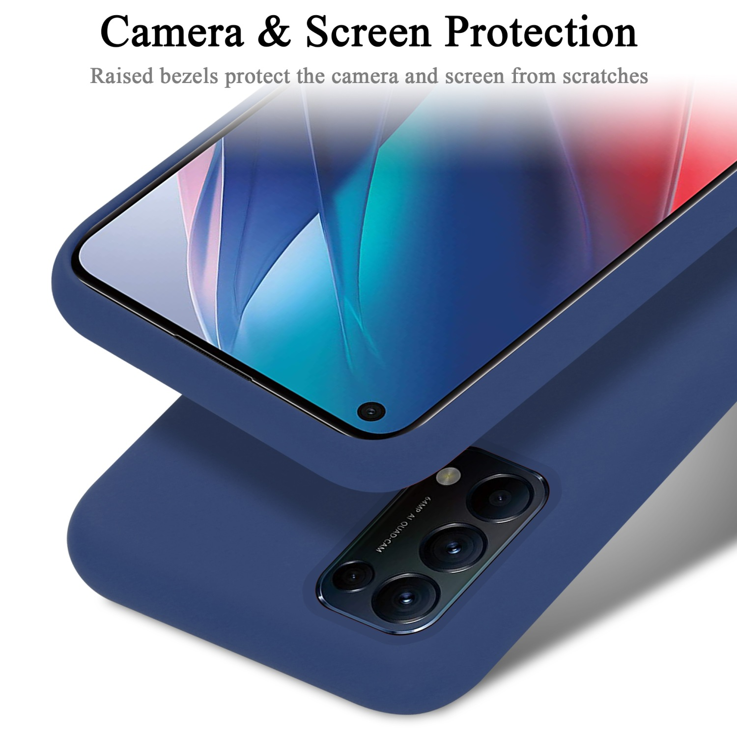 Blaue Handyhülle mit Telefon, Text oben. Erhöhte Blenden schützen die Kamera.