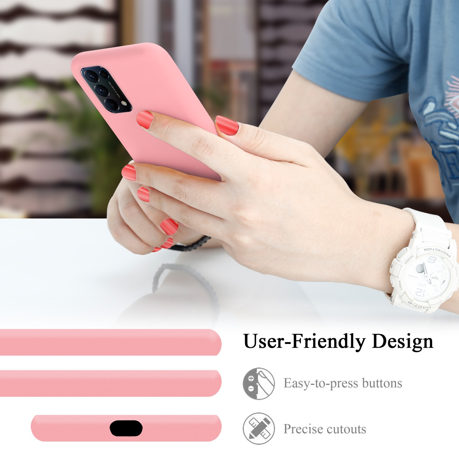 Hände einer Frau, die ein rosa Telefon halten, mit Details zu den Seitentasten und Aussparungen.