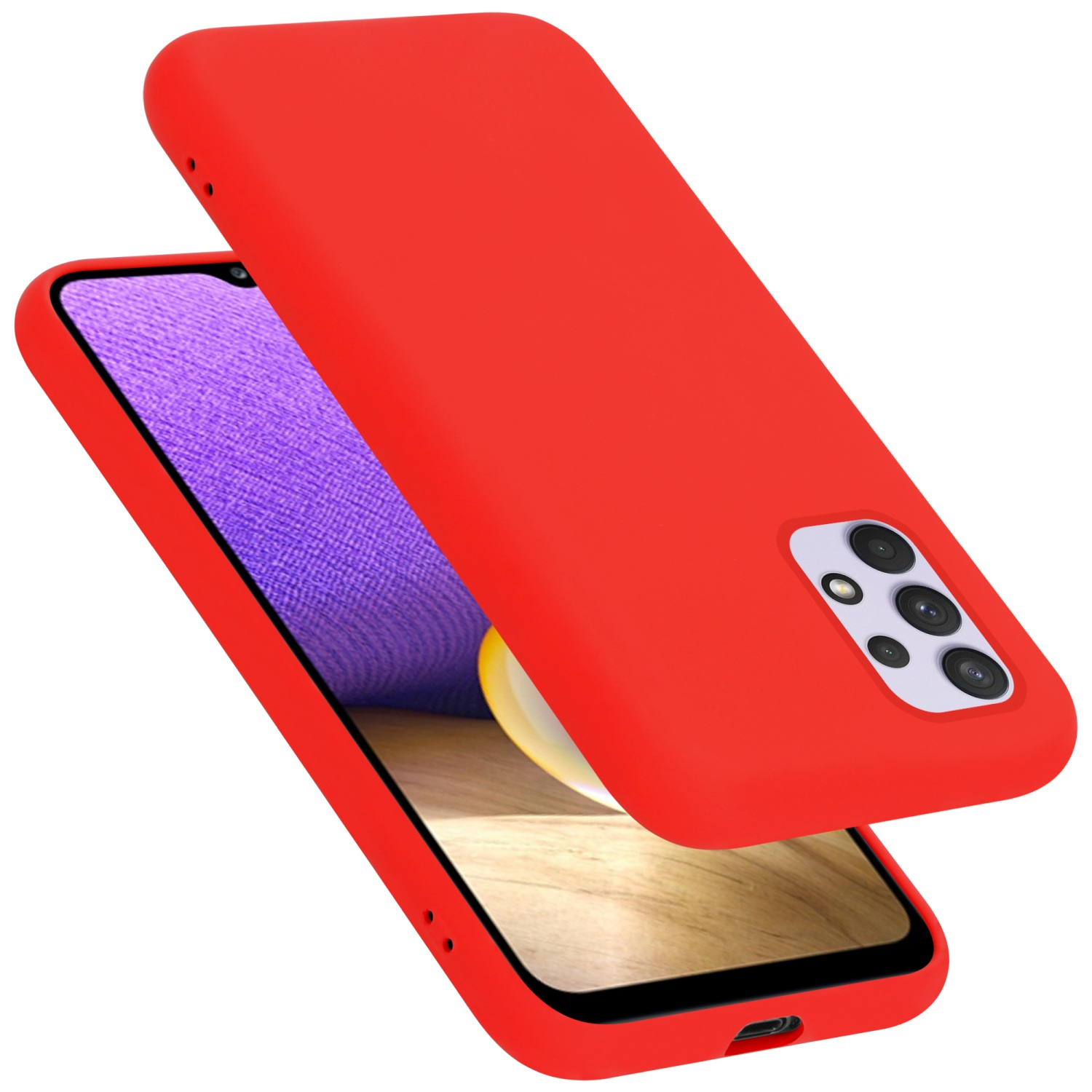 Rote Handyhülle mit Telefon. Die Handyhülle ist rot, das Telefon ist sichtbar.