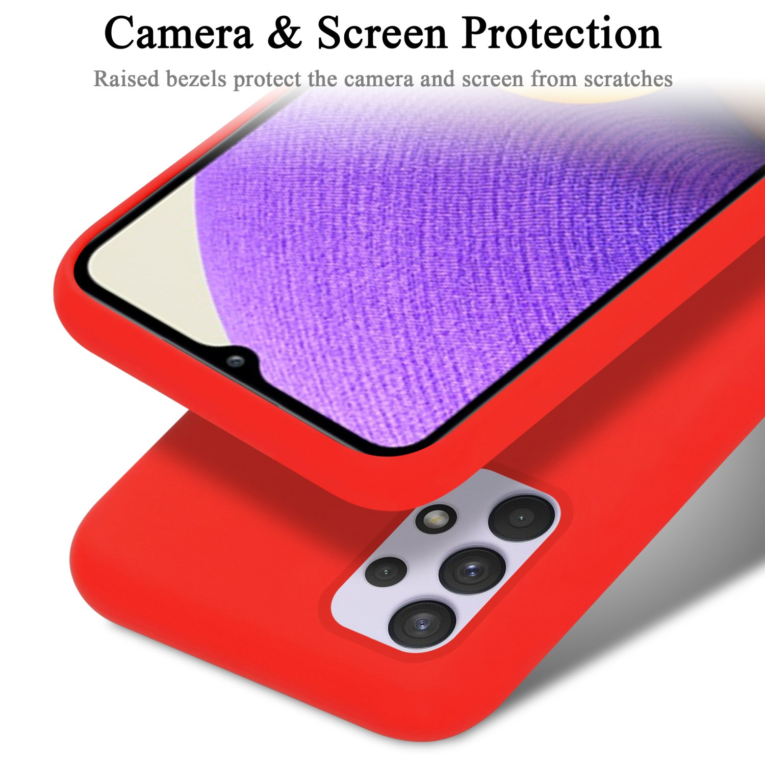 Custodia rossa con telefono all'interno. Protezione fotocamera e schermo visibile. La custodia è sollevata.
